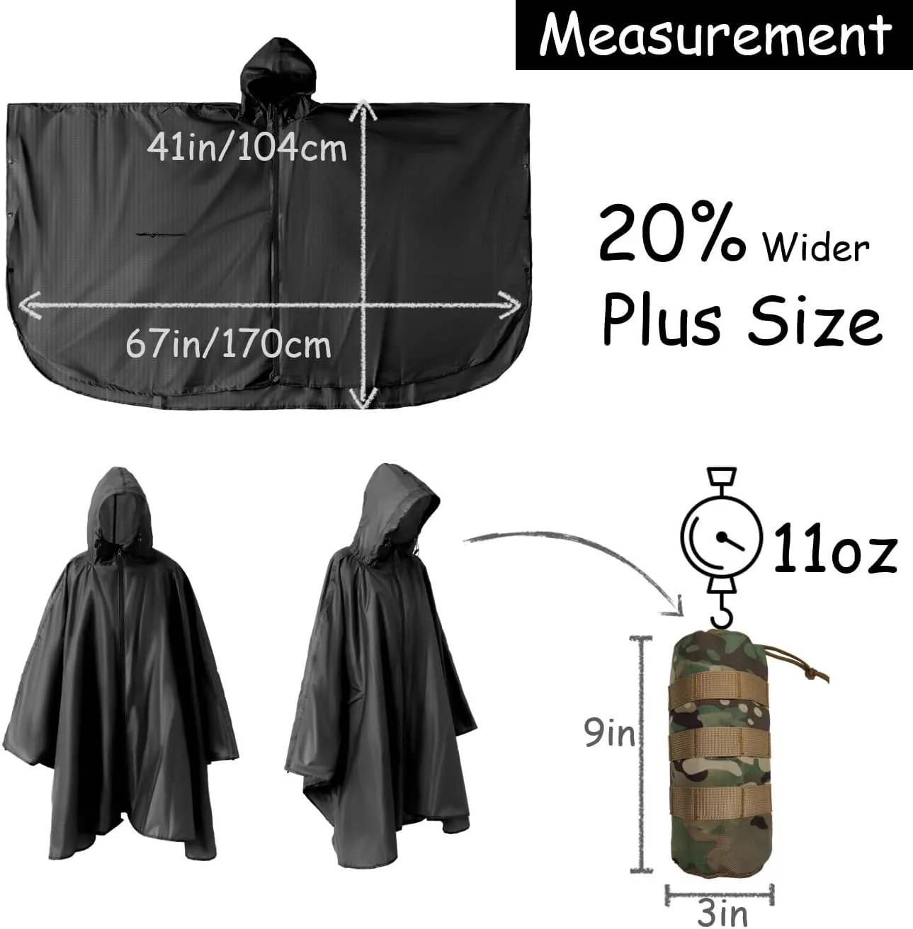 Plus Size Adult Rain Poncho with Hood and Zipper, Poncho Para Lluvia, Tactical Ponchos Adult For Camping, Hiking