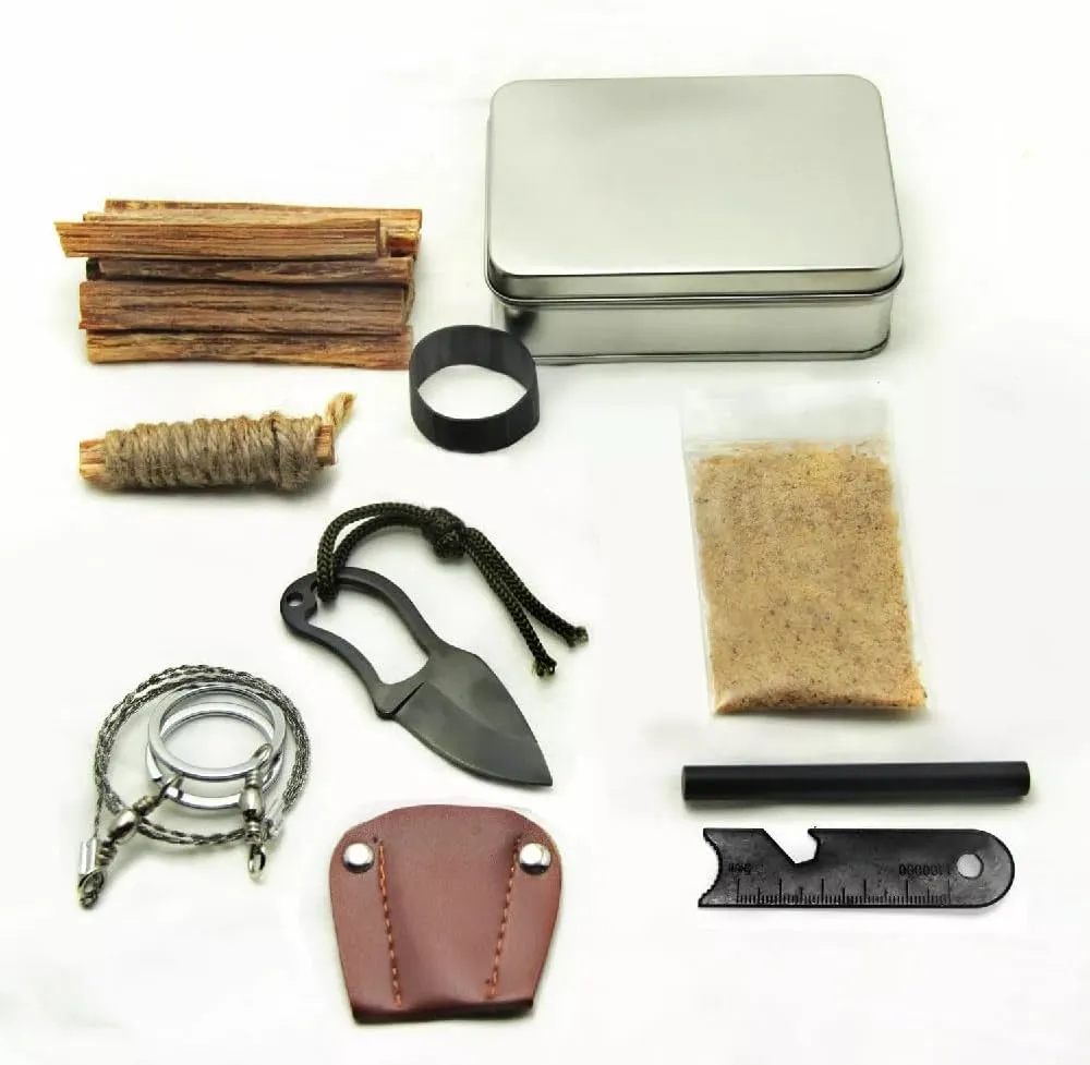 Pocket Survival Tin Fatwood Hand Cut in USA Ferrocerium Ferro Rod Saw Knife