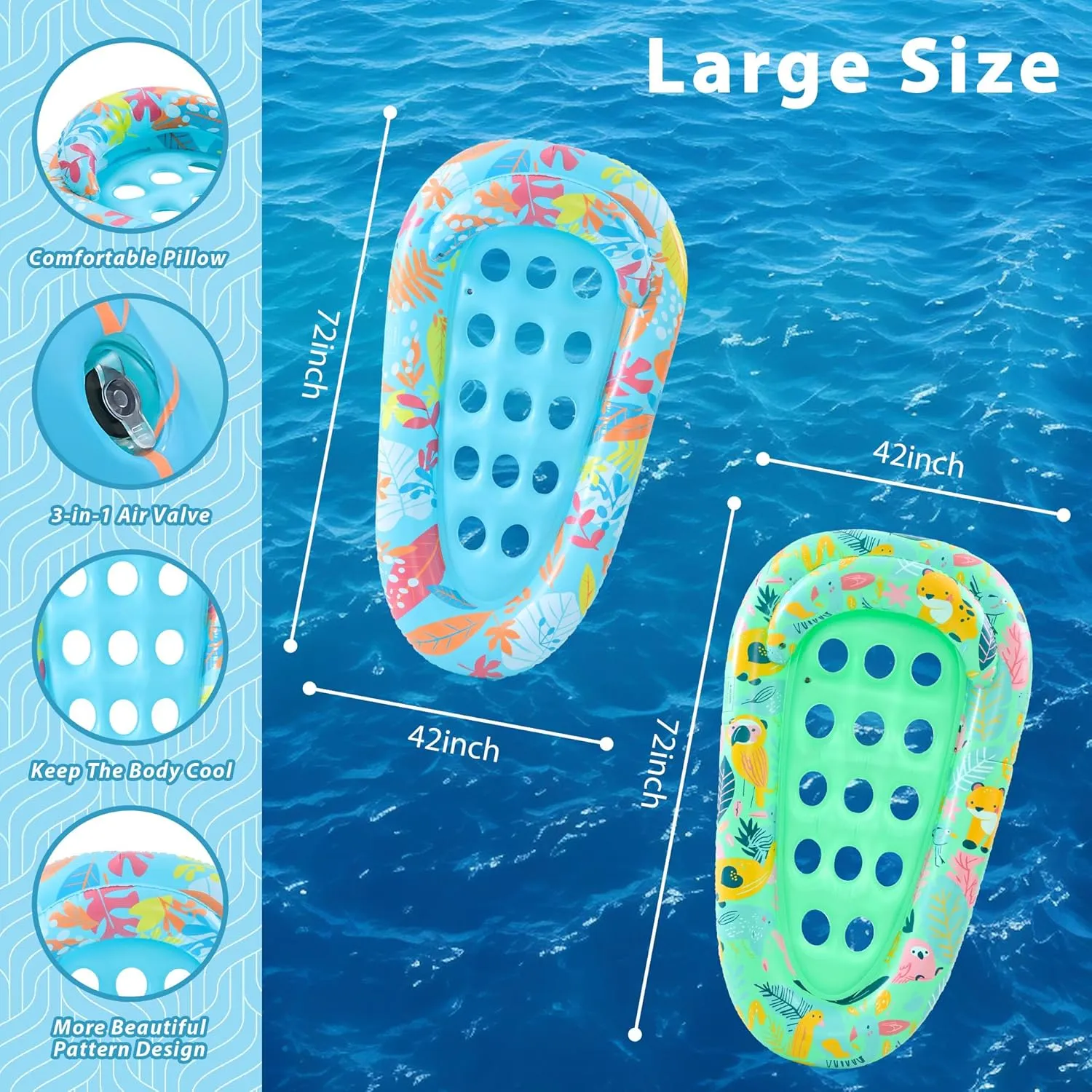 Pool Floats Adult, 72"X42", XL Size, Multi-Purpose Inflatable Pool Toys for Pool Party, Beach, Lake, River, Sea, Outdoor, 4 Pack