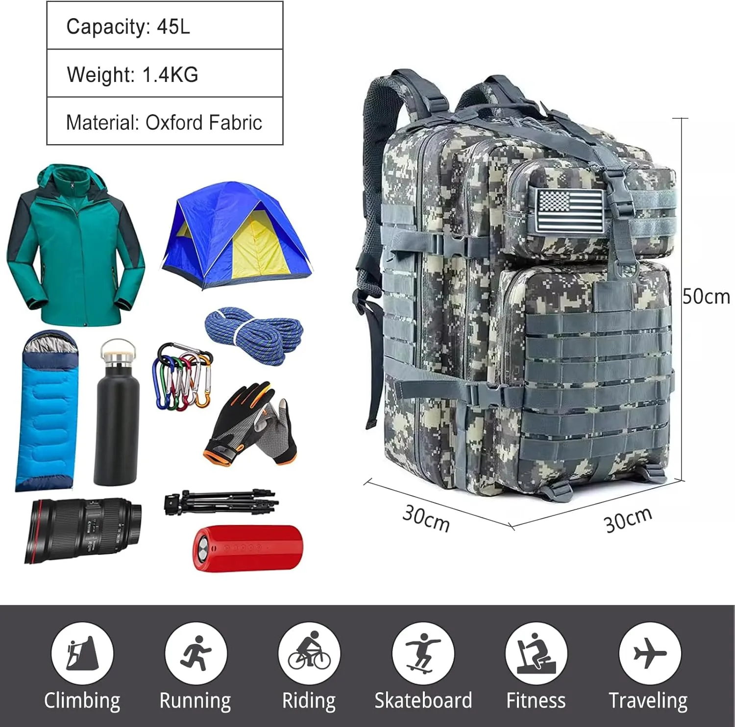 PORRASSO 45L Military Tactical Backpacks Trekking Rucksack Waterproof Outdoor Daypack 3 Day Bug Out Bag Durable Backpack for Survival Traveling Mountaining ACU Color