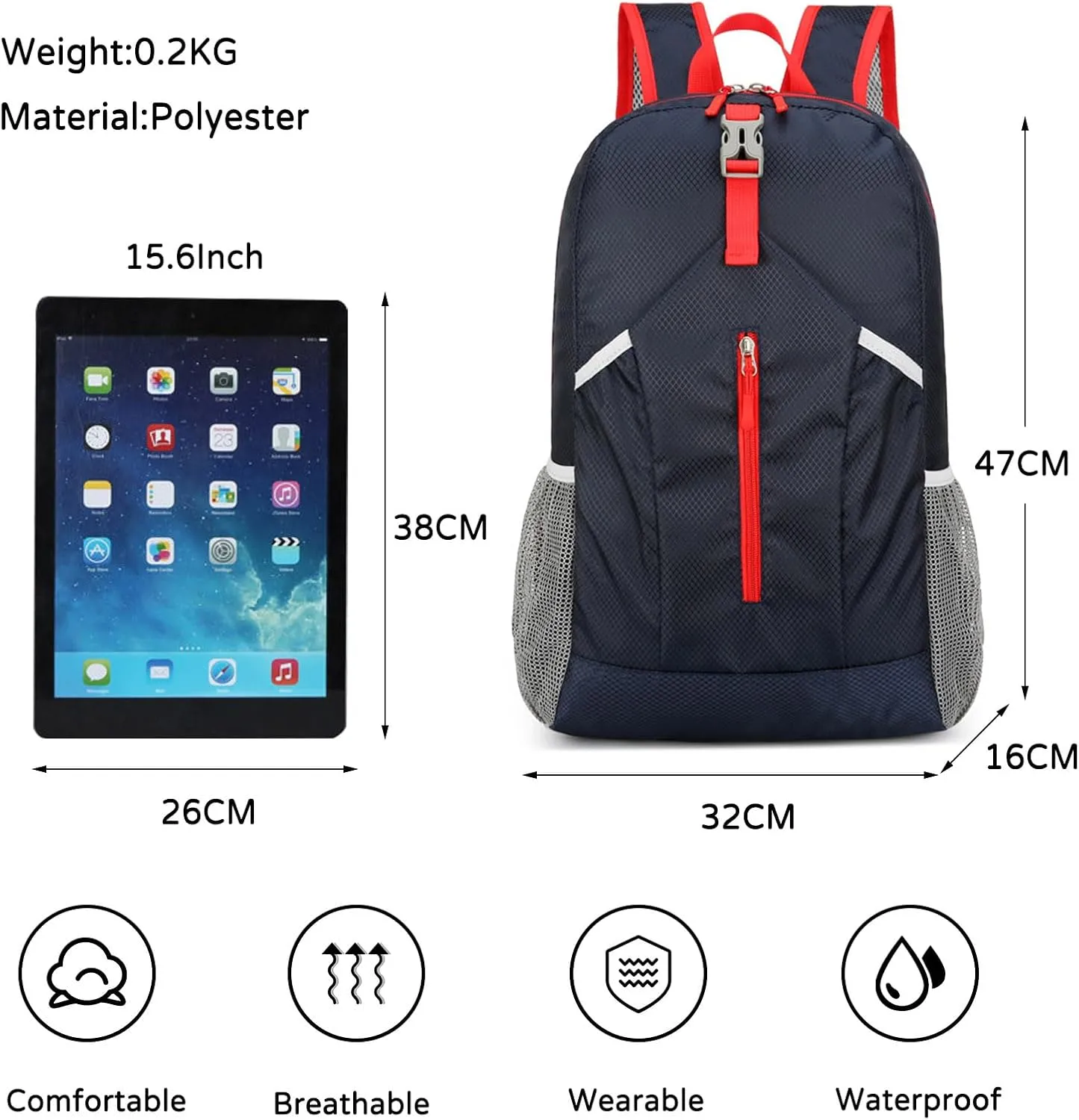 PORRASSO Hiking Backpack Foldable Daypack 21L Rucksack Lightweight Waterproof Backpack for Women Men Trekking Cycling Climbing Outdoor Sports Dark Blue