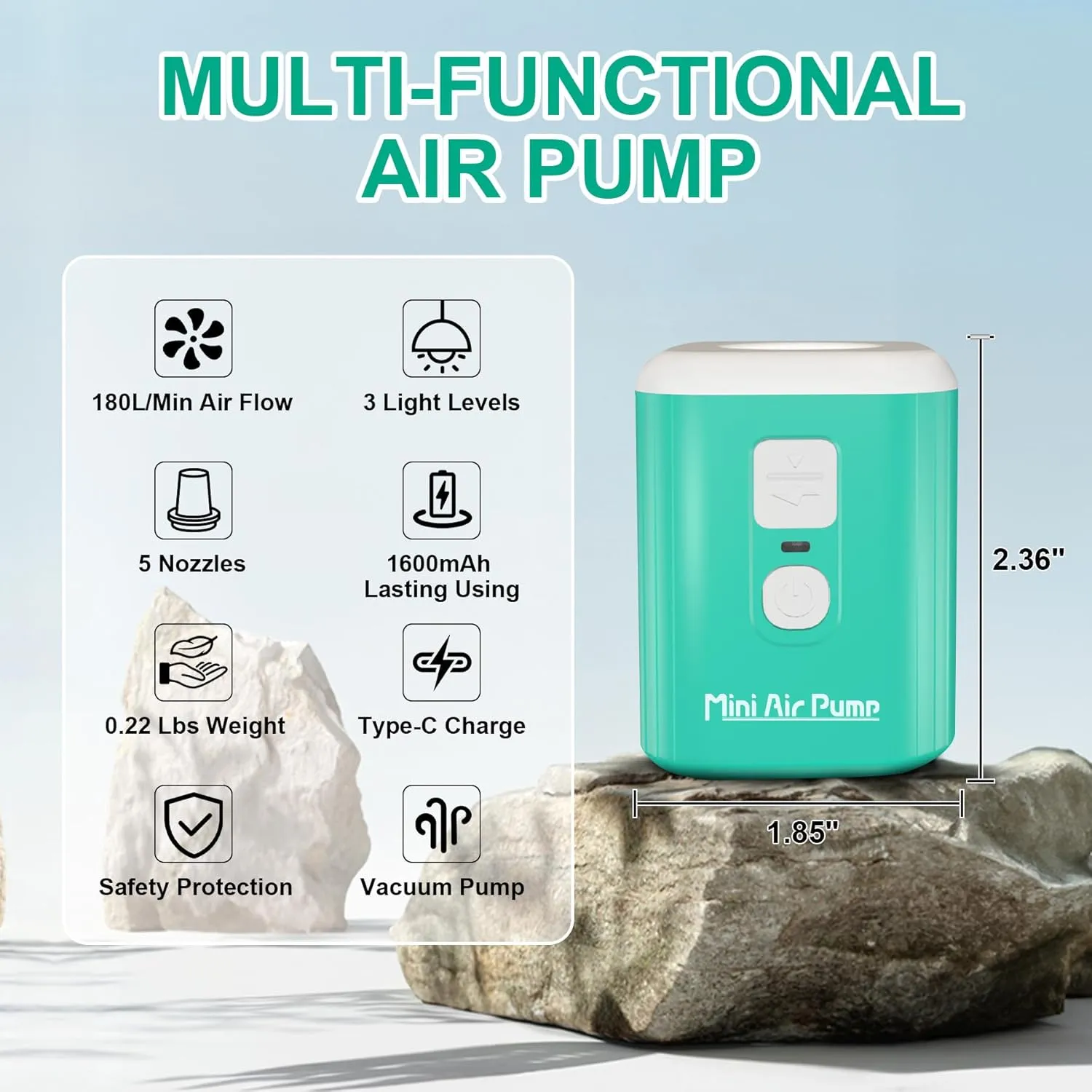 Portable Air Pump for Inflatables: Mini Air Pump with 1600mAh Battery & Camping Light - Rechargeable Electric Pump for Vacuum Storage Bags, Air Mattress, Swimming Ring, Pool Floats