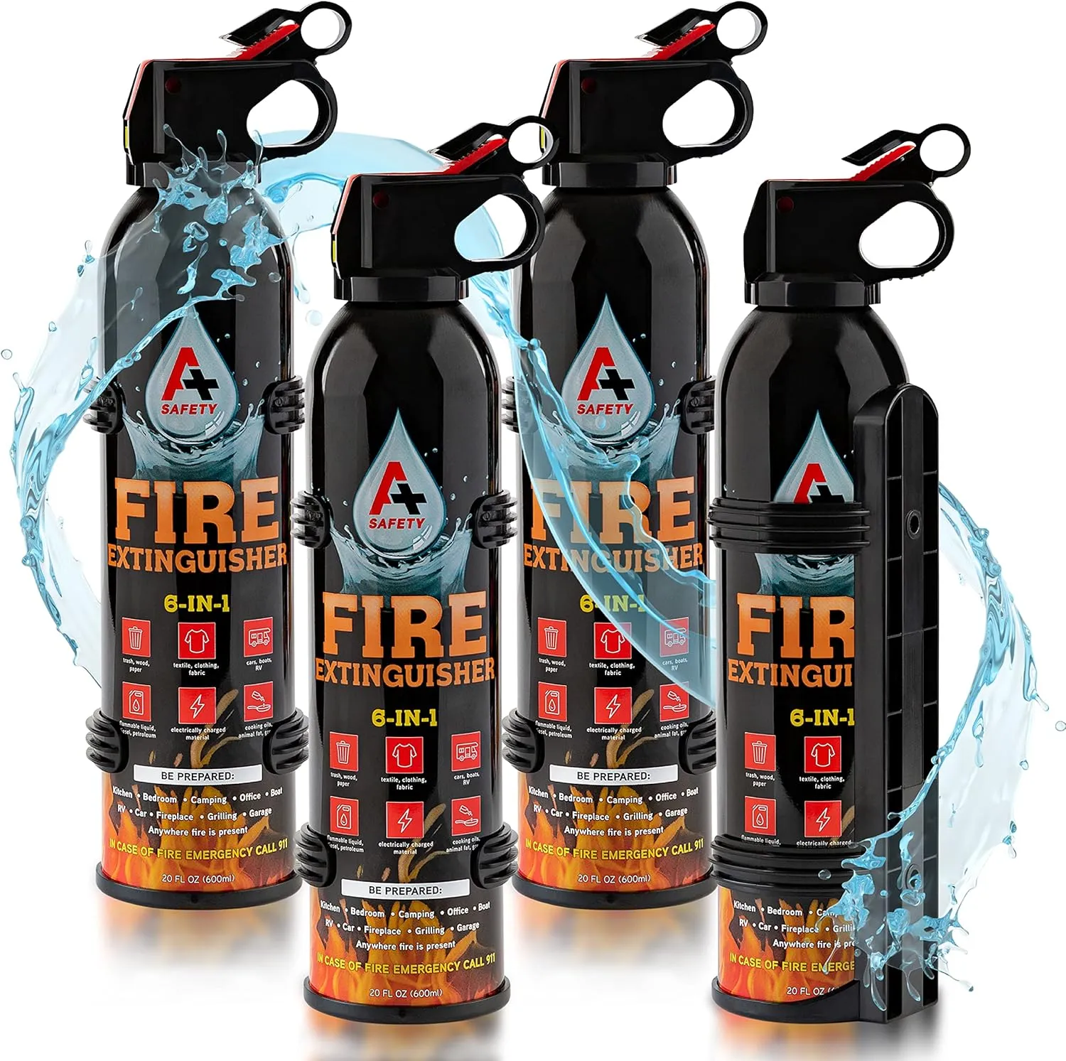 Portable Fire Extinguisher | 6-in-1 Small Fire Extinguisher for Home, Garage, Kitchen, Car | For Electric, Textile and Grease Fires | Non-Toxic, Easy Clean | Wall Mount Incl (4PK)