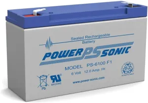 Power Sonic PS-6100 Rechargeable Sealed Lead Acid Battery 6V 12AH for General Purpose, Medical, Emergency Lighting, Fire and Security with F1 Terminals