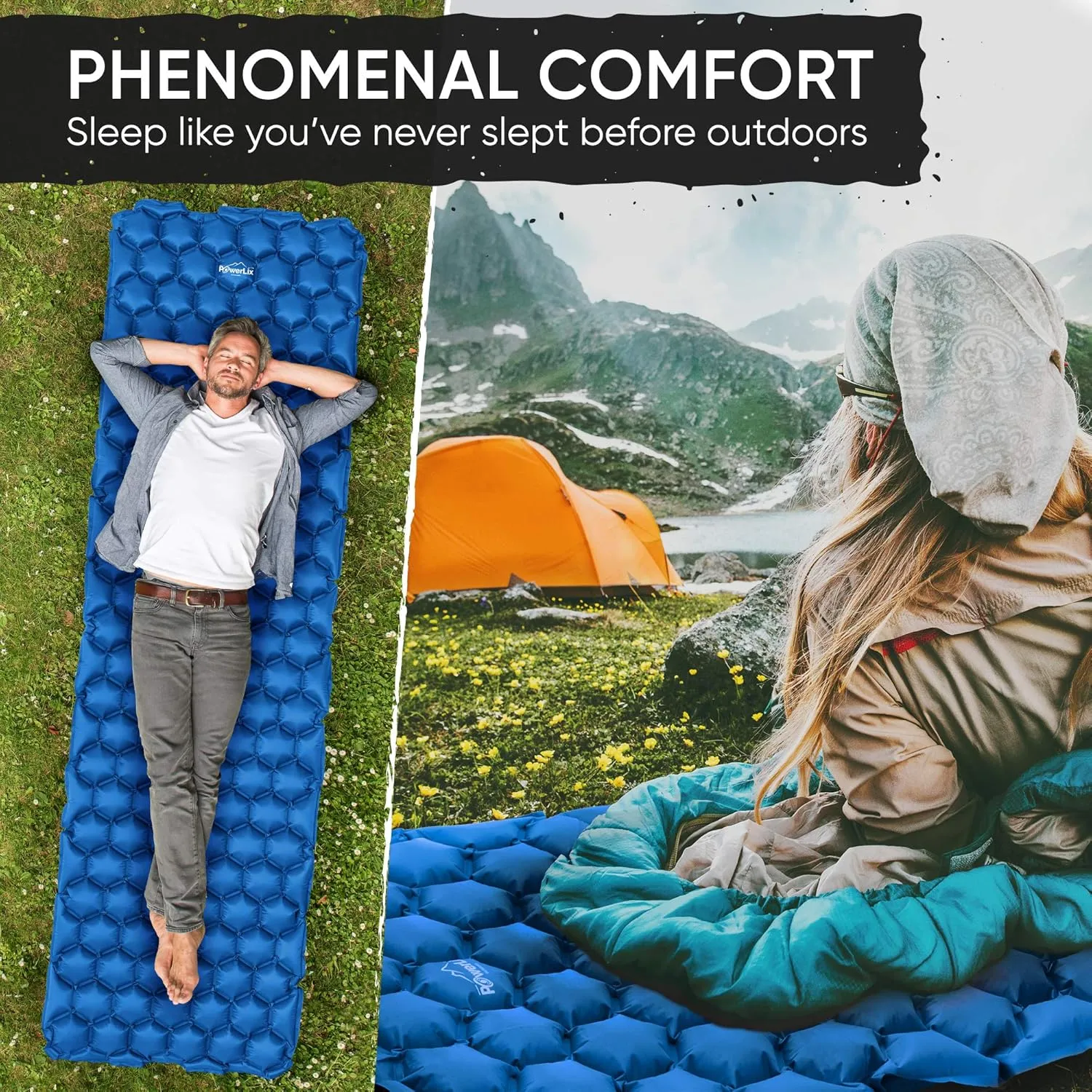 POWERLIX Camping Sleeping Pad - Ultralight Inflatable Camping Mattress Sleeping Mat for Backpacking, Hiking, Compact Lightweight Sleeping Pad, Inflation Bag/Repair Kit Included