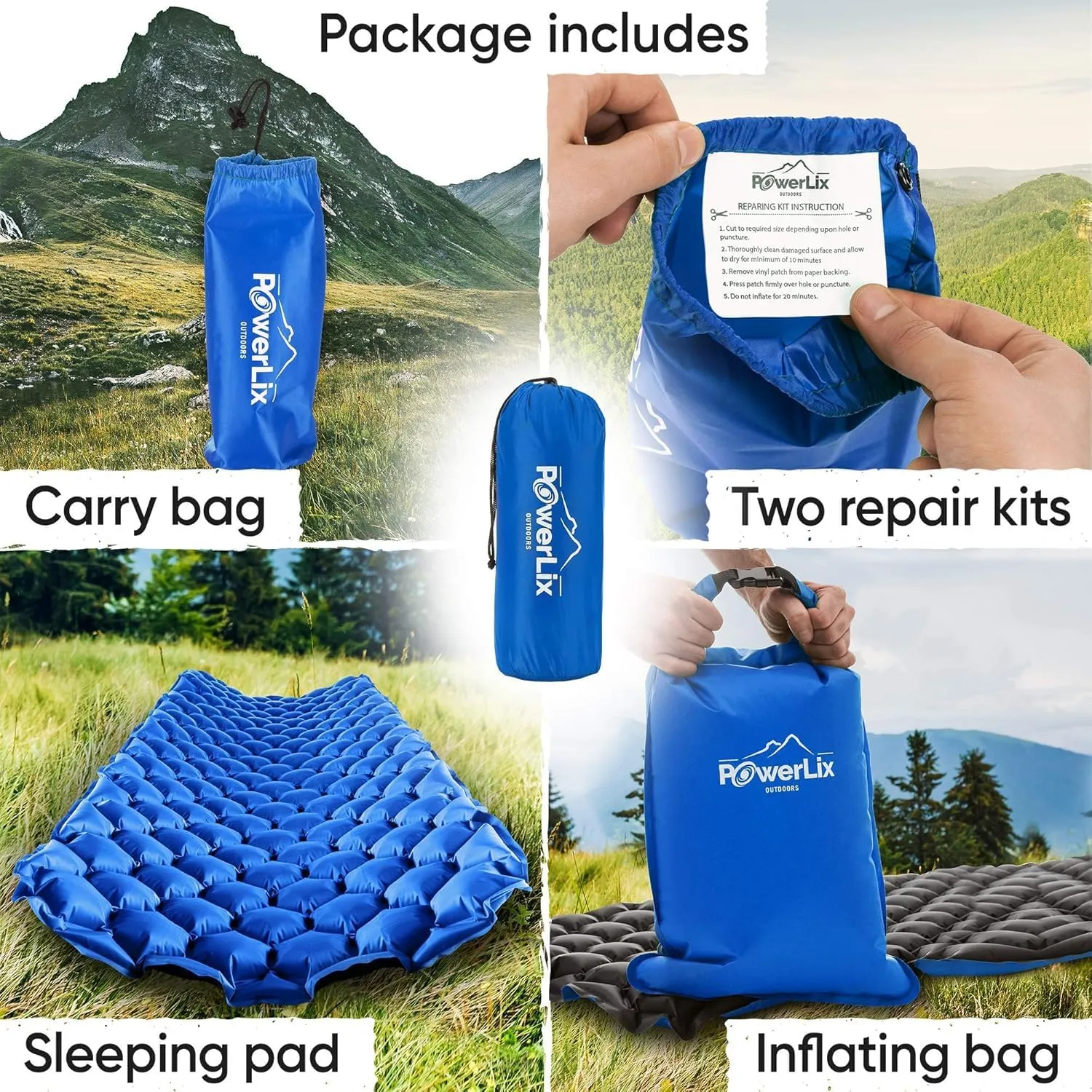 POWERLIX Camping Sleeping Pad - Ultralight Inflatable Camping Mattress Sleeping Mat for Backpacking, Hiking, Compact Lightweight Sleeping Pad, Inflation Bag/Repair Kit Included
