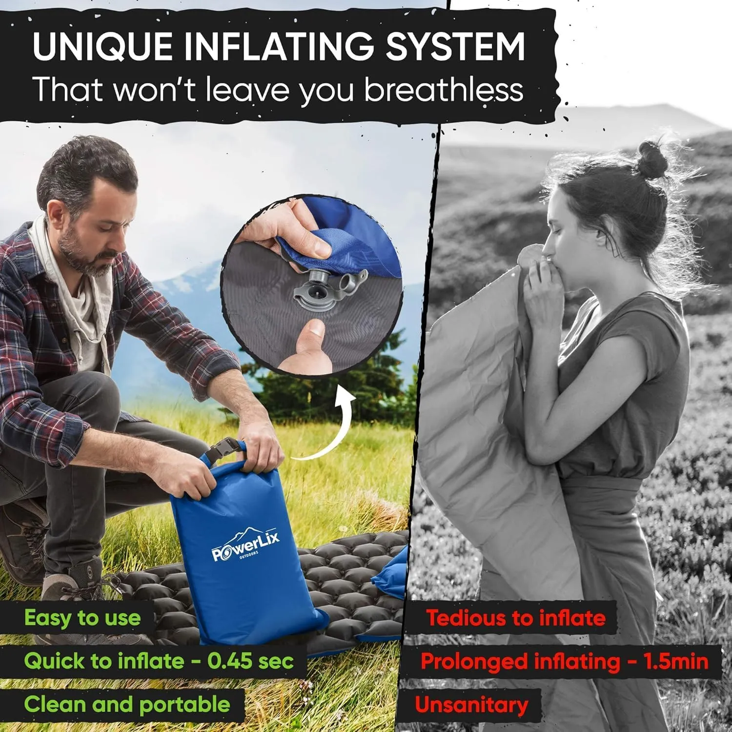 POWERLIX Camping Sleeping Pad - Ultralight Inflatable Camping Mattress Sleeping Mat for Backpacking, Hiking, Compact Lightweight Sleeping Pad, Inflation Bag/Repair Kit Included