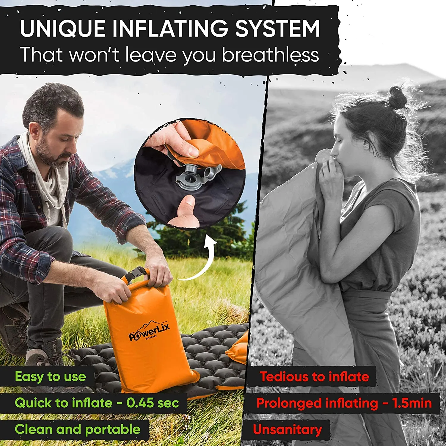 POWERLIX Sleeping Pad - Ultralight Inflatable Sleeping Mat, Ultimate for Camping, Backpacking, Hiking - Airpad, Inflating Bag, Carry Bag, Repair Kit - Compact & Lightweight Air Mattress