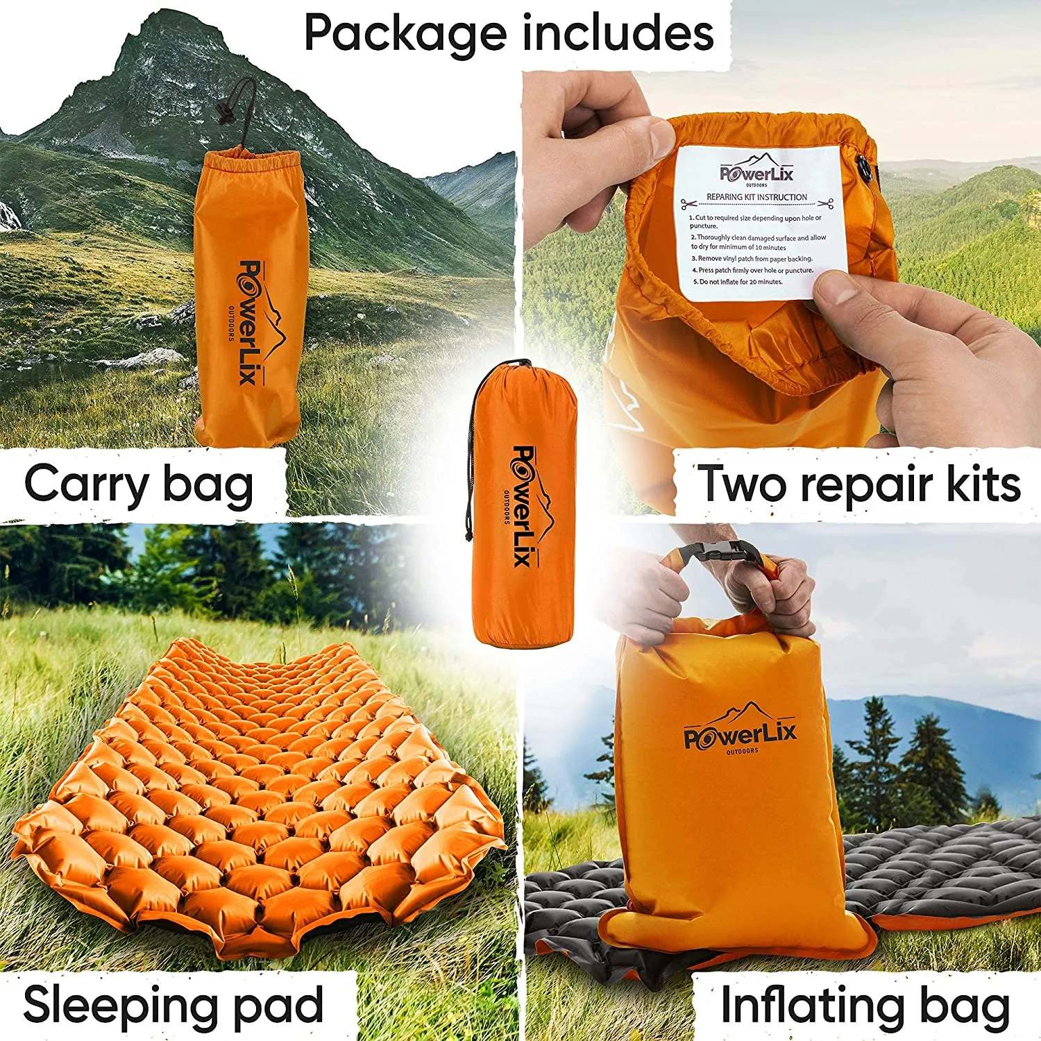 POWERLIX Sleeping Pad - Ultralight Inflatable Sleeping Mat, Ultimate for Camping, Backpacking, Hiking - Airpad, Inflating Bag, Carry Bag, Repair Kit - Compact & Lightweight Air Mattress