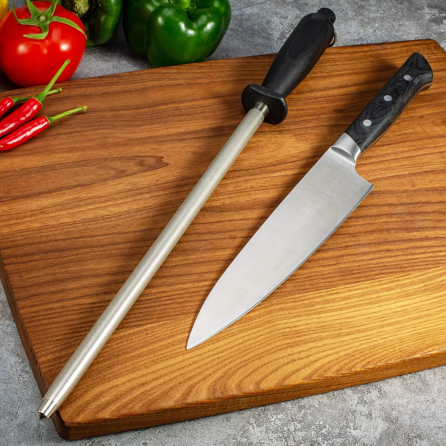 Professional Diamond Brushed Steel Black Knife Sharpening Steel, 12 Inch