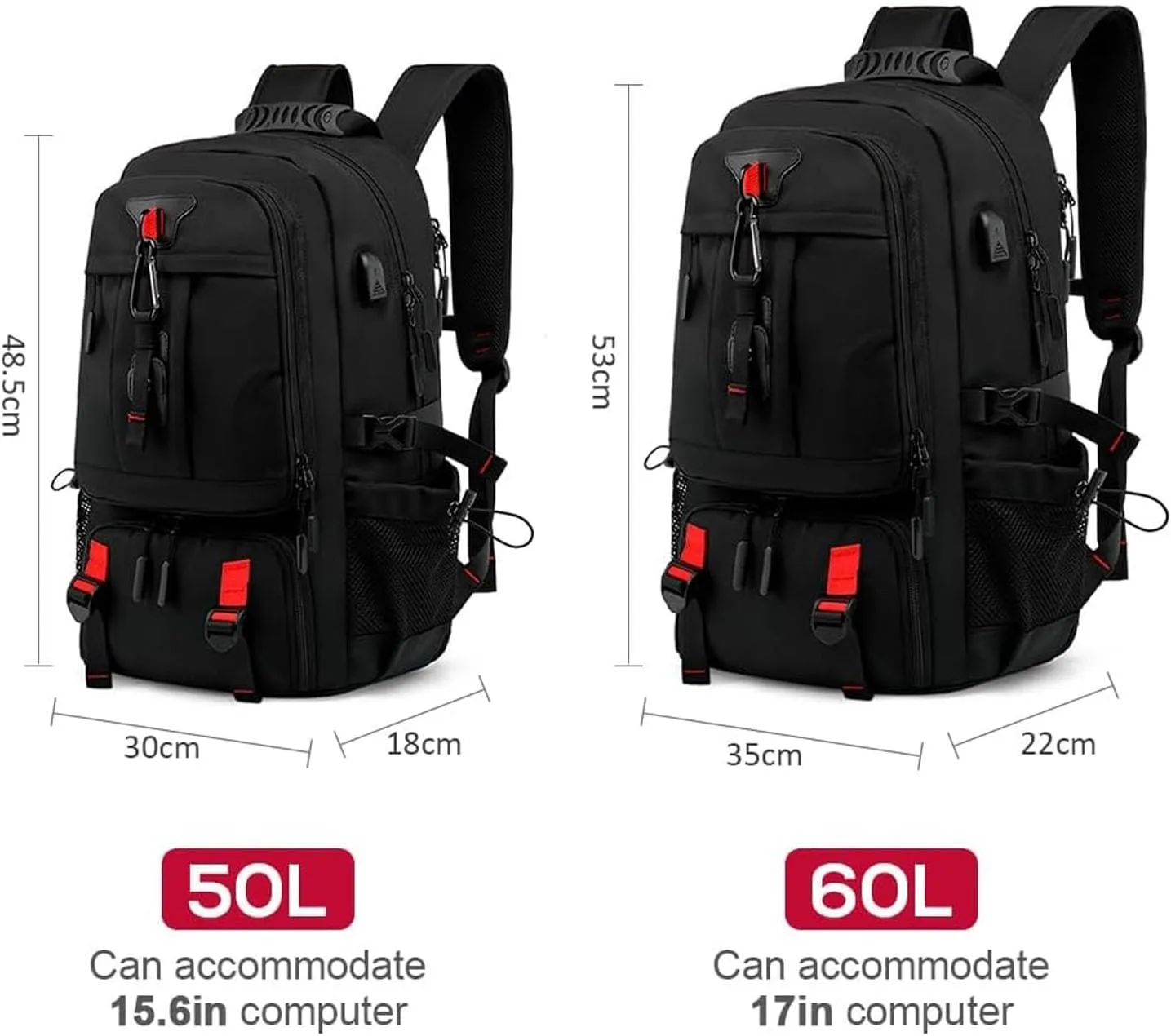Professional Travel Backpack, Expandable Multifunctional Large Capacity Outdoor Backpack For Hiking Camping(Red,50L)