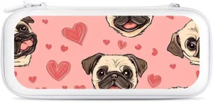Pug Dogs Head And Love Heart Compatible with Switch Carrying Case Hard Travel Game Bag Pouch with 15 Games Accessories