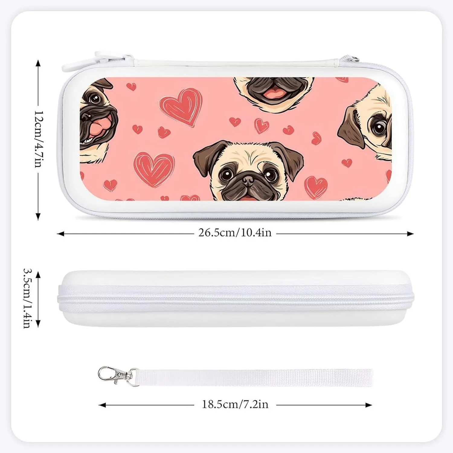 Pug Dogs Head And Love Heart Compatible with Switch Carrying Case Hard Travel Game Bag Pouch with 15 Games Accessories