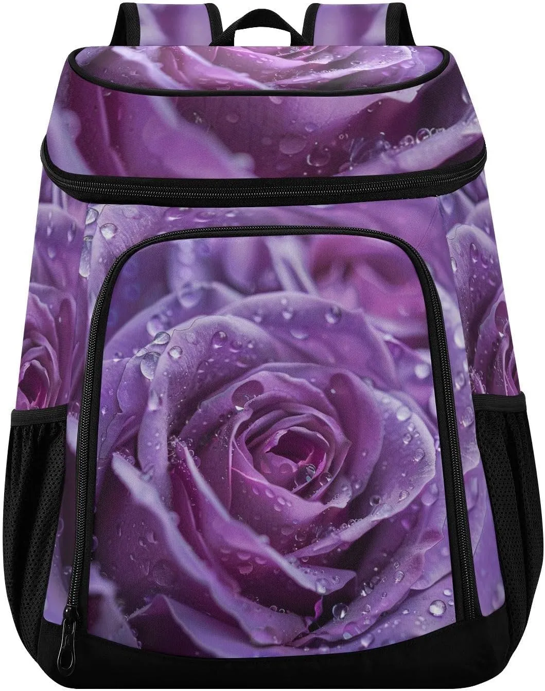 Purple Rose Flower Roses Cooler Backpack Insulated Leak Proof Beach Cooler Bag 30 Cans Waterproof Lightweight Soft Lunch Picnic Hiking Camping Backpack Cooler for Men Women