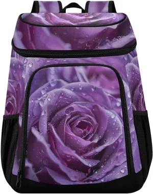 Purple Rose Flower Roses Cooler Backpack Insulated Leak Proof Beach Cooler Bag 30 Cans Waterproof Lightweight Soft Lunch Picnic Hiking Camping Backpack Cooler for Men Women