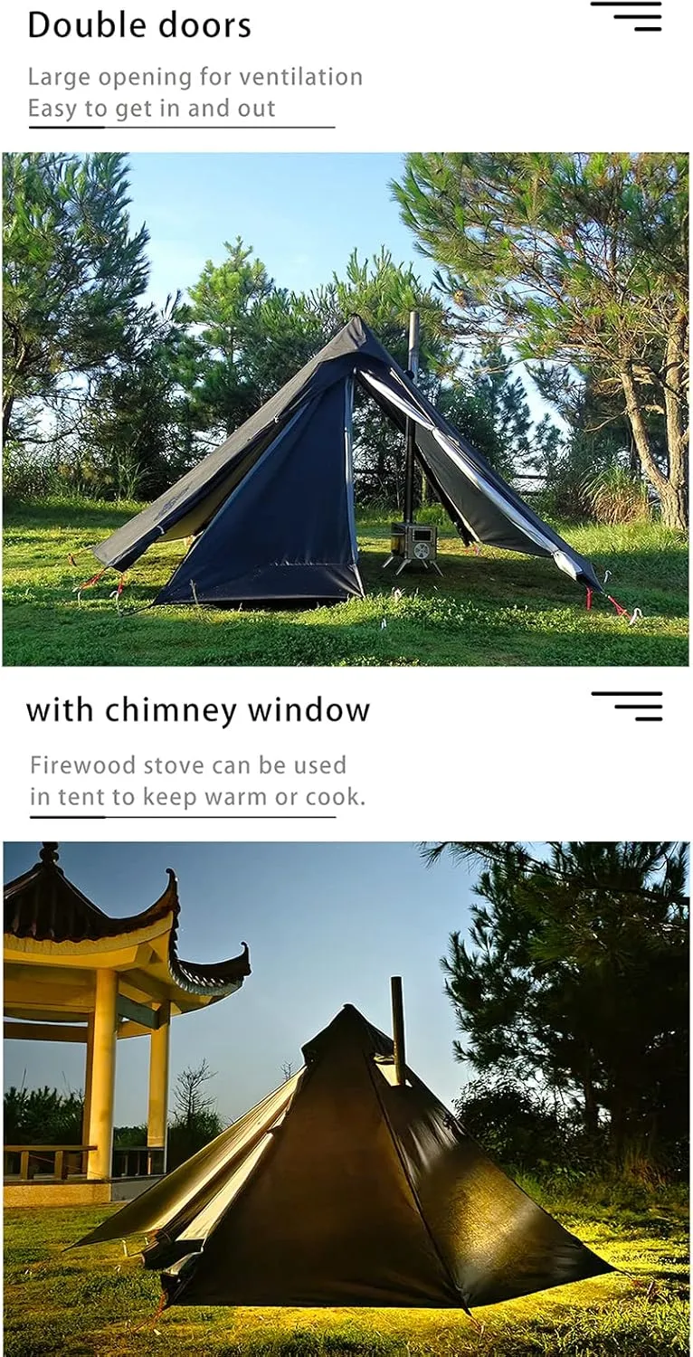 Pyramid Tent with Chimney Hole Outdoor Ultralight Waterproof Indian Hot Tent 1-2 Person (Black 1)