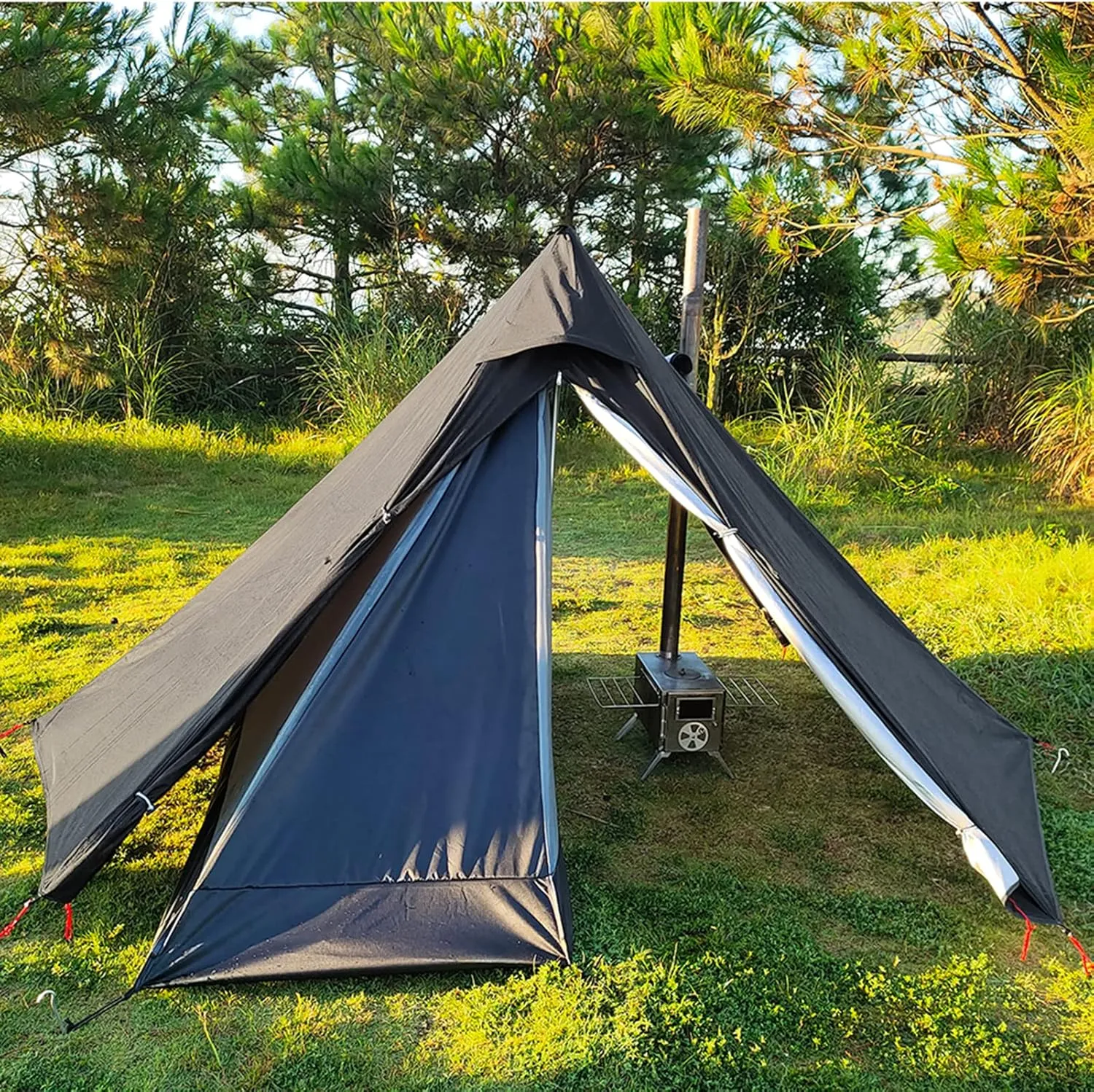 Pyramid Tent with Chimney Hole Outdoor Ultralight Waterproof Indian Hot Tent 1-2 Person (Black 1)