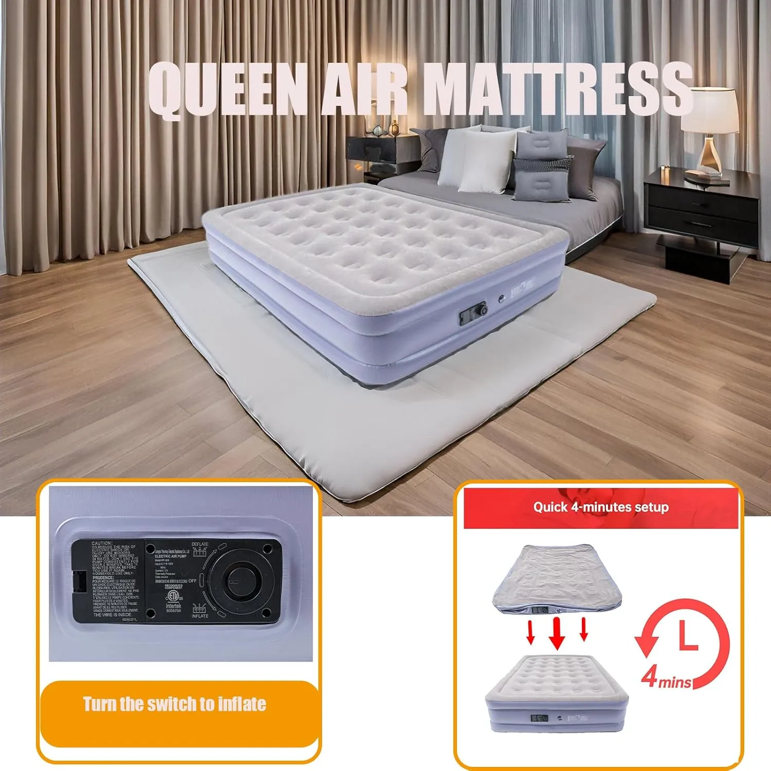 Queen Air Mattress Bed with Built in Pump,16 Inches High Queen Airbed Inflatable Mattress,Comfort Thickened Blow Up Air Mattress,Travel Sleeping Bed for Guests Home(Queen Size)
