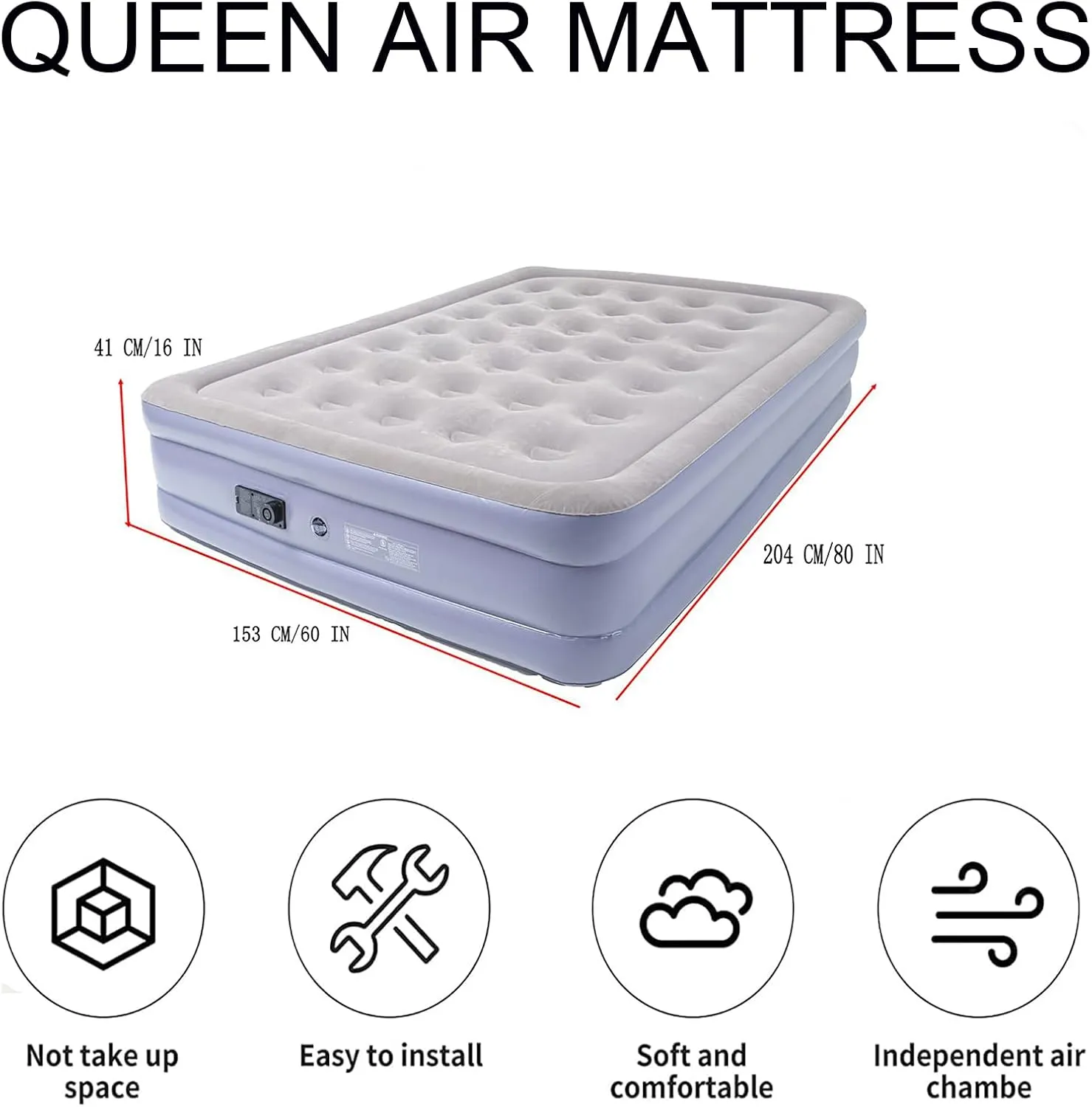 Queen Air Mattress Bed with Built in Pump,16 Inches High Queen Airbed Inflatable Mattress,Comfort Thickened Blow Up Air Mattress,Travel Sleeping Bed for Guests Home(Queen Size)