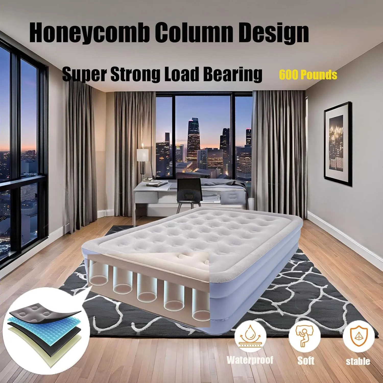 Queen Air Mattress Bed with Built in Pump,16 Inches High Queen Airbed Inflatable Mattress,Comfort Thickened Blow Up Air Mattress,Travel Sleeping Bed for Guests Home(Queen Size)