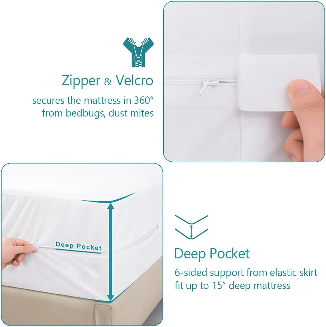 Queen Waterproof Zippered Mattress Encasement, Breathable, Noiseless, Machine-Washable Zipped Mattress Cover, Fitting 7" - 15" Deep Mattress