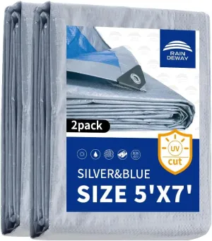 RAINDEWAY Small Tarps 5x7 Feet (2 Pack), 5.5 Mil Thick, Multipurpose Waterproof Poly Tarp Cover with Metal Grommets and Reinforced Edges, Silver/Blue Tarp