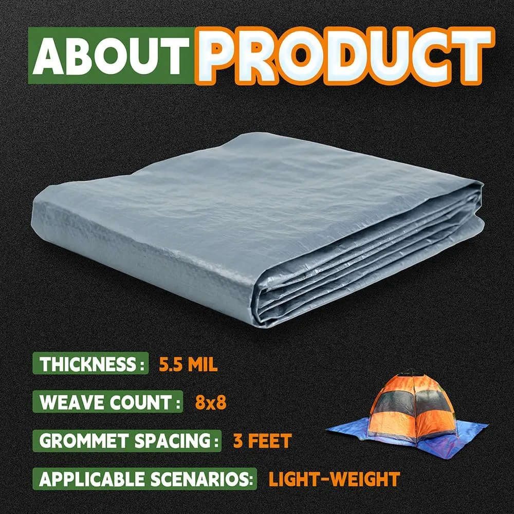RAINDEWAY Small Tarps 5x7 Feet (2 Pack), 5.5 Mil Thick, Multipurpose Waterproof Poly Tarp Cover with Metal Grommets and Reinforced Edges, Silver/Blue Tarp