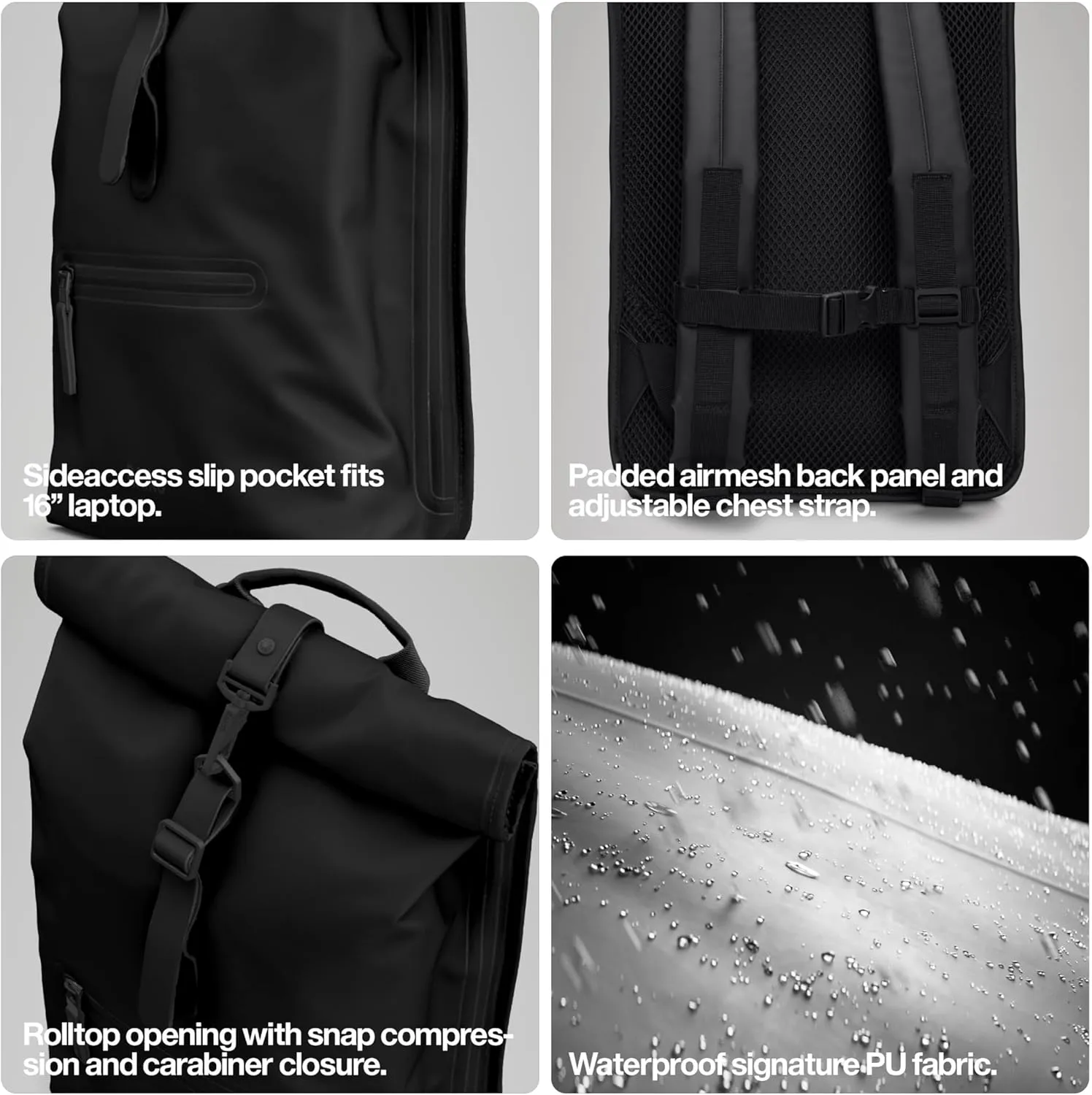 RAINS Rolltop Rucksack -Backpack - Waterproof Backpack for Women and Men - Rucksack for Travel and Work (Black)