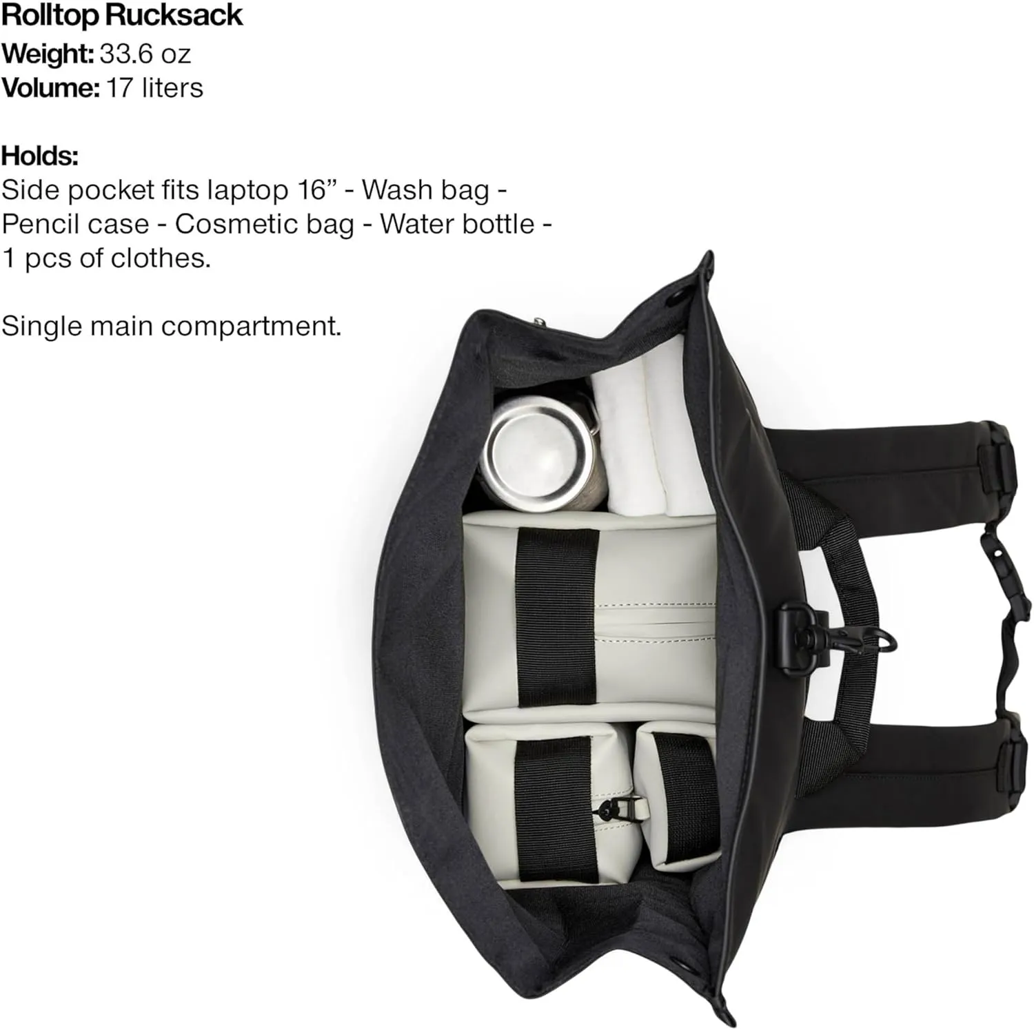 RAINS Rolltop Rucksack -Backpack - Waterproof Backpack for Women and Men - Rucksack for Travel and Work (Black)