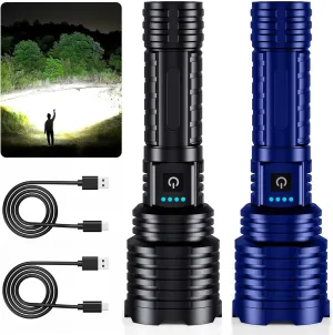 Rechargeable Tactical Flashlight, High Lumens, Super Bright LED Flashlights with Holster, Zoomable, 5 Modes, High Power Waterproof Flashlight for Hiking Camping Emergency Power Outage (2 Pack)