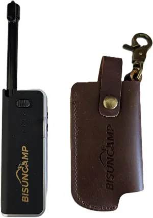 Retractable Plasma Lighter with LED Flashlight – USB Rechargeable, Windproof Electric Arc Lighter, Ideal for Camping and Hiking, Leather Case, Battery Display.