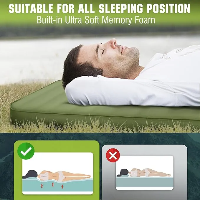 Riextec Self Inflating Sleeping Pad, Camping Mattress with Pump Sack, Memory Foam Camping Pad for Sleeping, 4” Thickness Sleeping Mat for Camping/Travel/Car/Tent, 4 Season Camp Air Mattress,Single