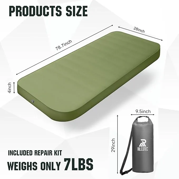 Riextec Self Inflating Sleeping Pad, Camping Mattress with Pump Sack, Memory Foam Camping Pad for Sleeping, 4” Thickness Sleeping Mat for Camping/Travel/Car/Tent, 4 Season Camp Air Mattress,Single