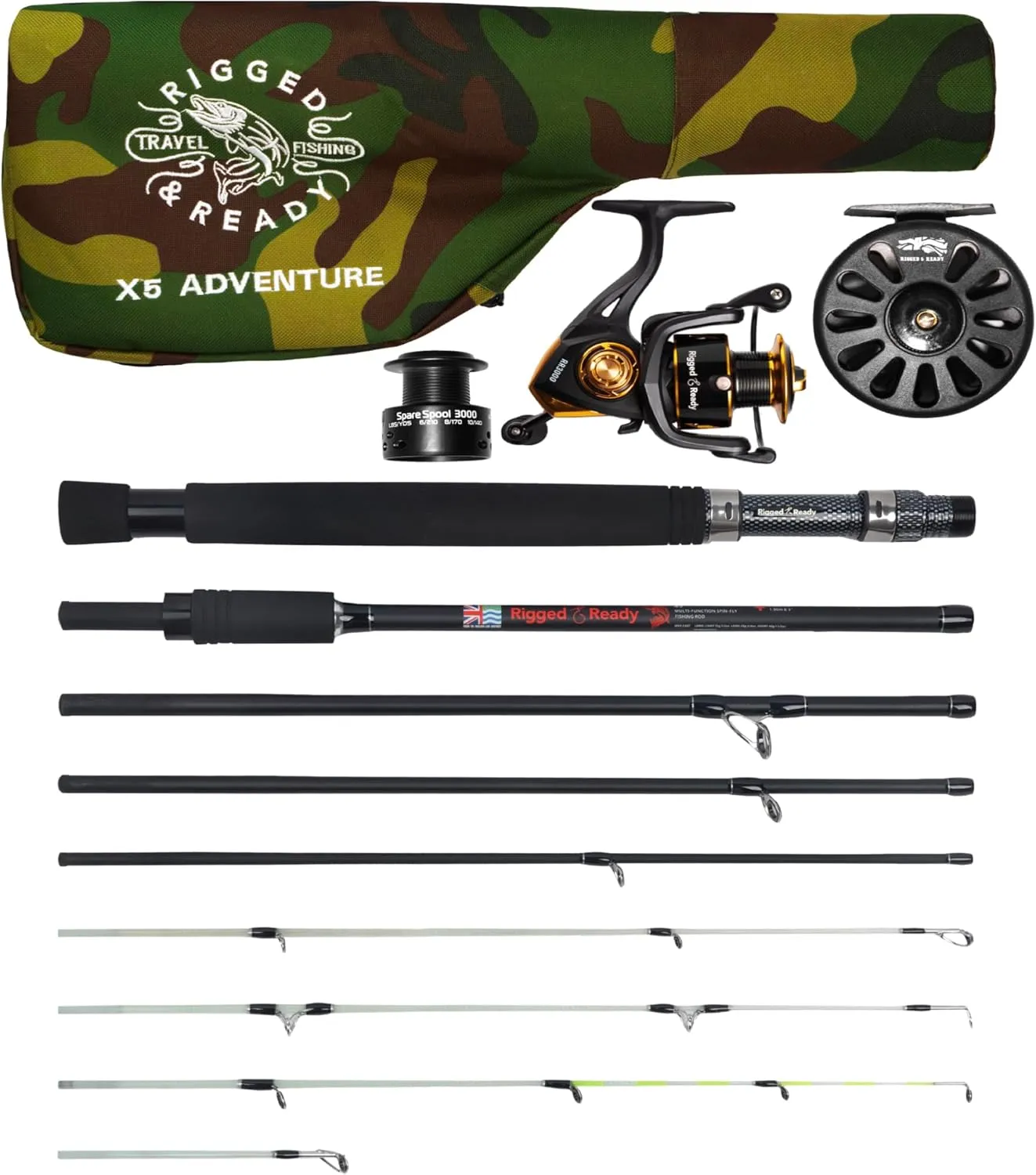 Rigged & Ready X Series Travel Fishing Rods. 6 Super Compact, Multi-Functional, Portable, Spin, Bass, Carp, Lure, Float, Fly Combos   Poles. 4 or 6 Tips & 5 to 25 Techniques Freshwater & Saltwater