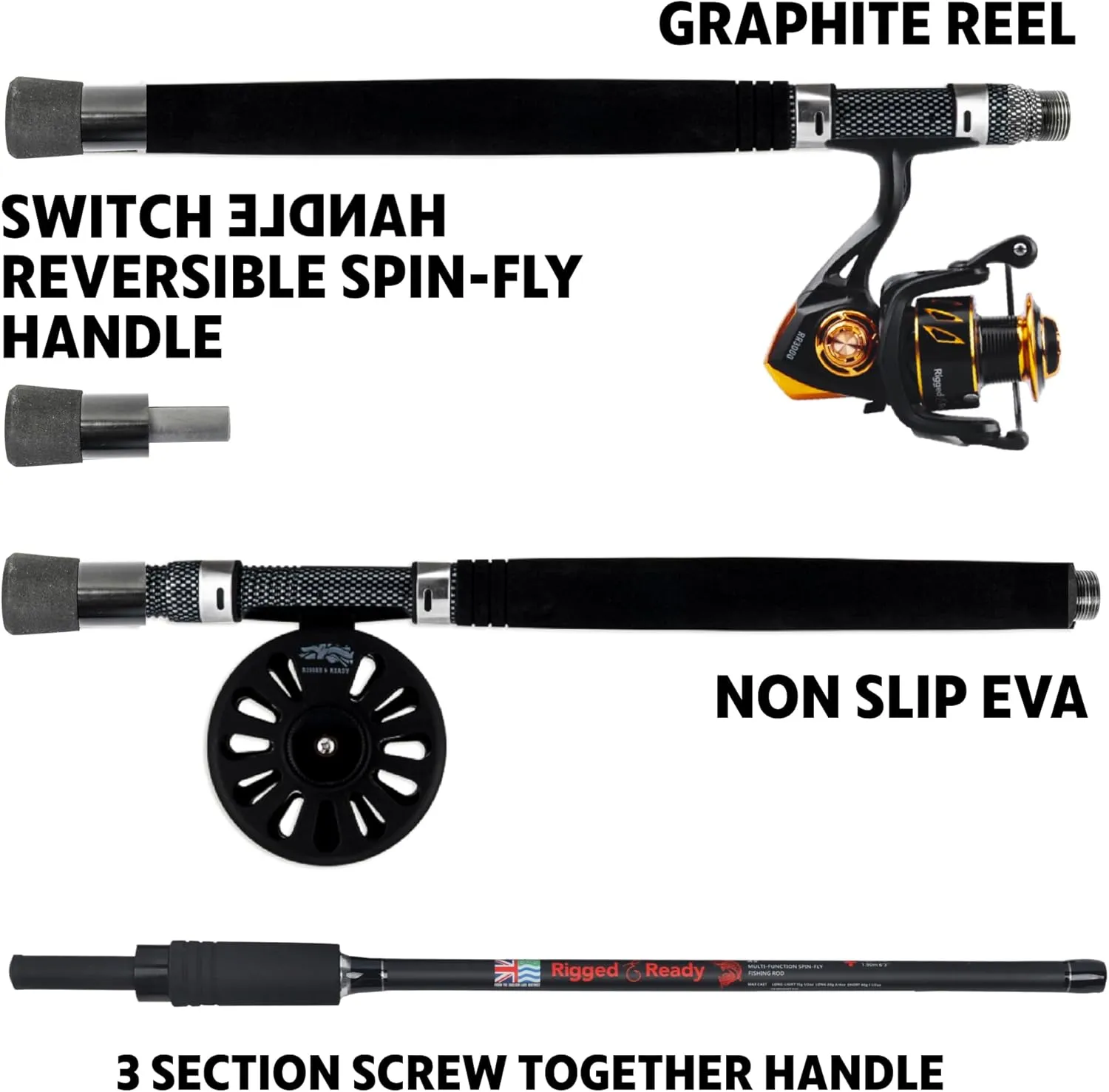 Rigged & Ready X Series Travel Fishing Rods. 6 Super Compact, Multi-Functional, Portable, Spin, Bass, Carp, Lure, Float, Fly Combos   Poles. 4 or 6 Tips & 5 to 25 Techniques Freshwater & Saltwater