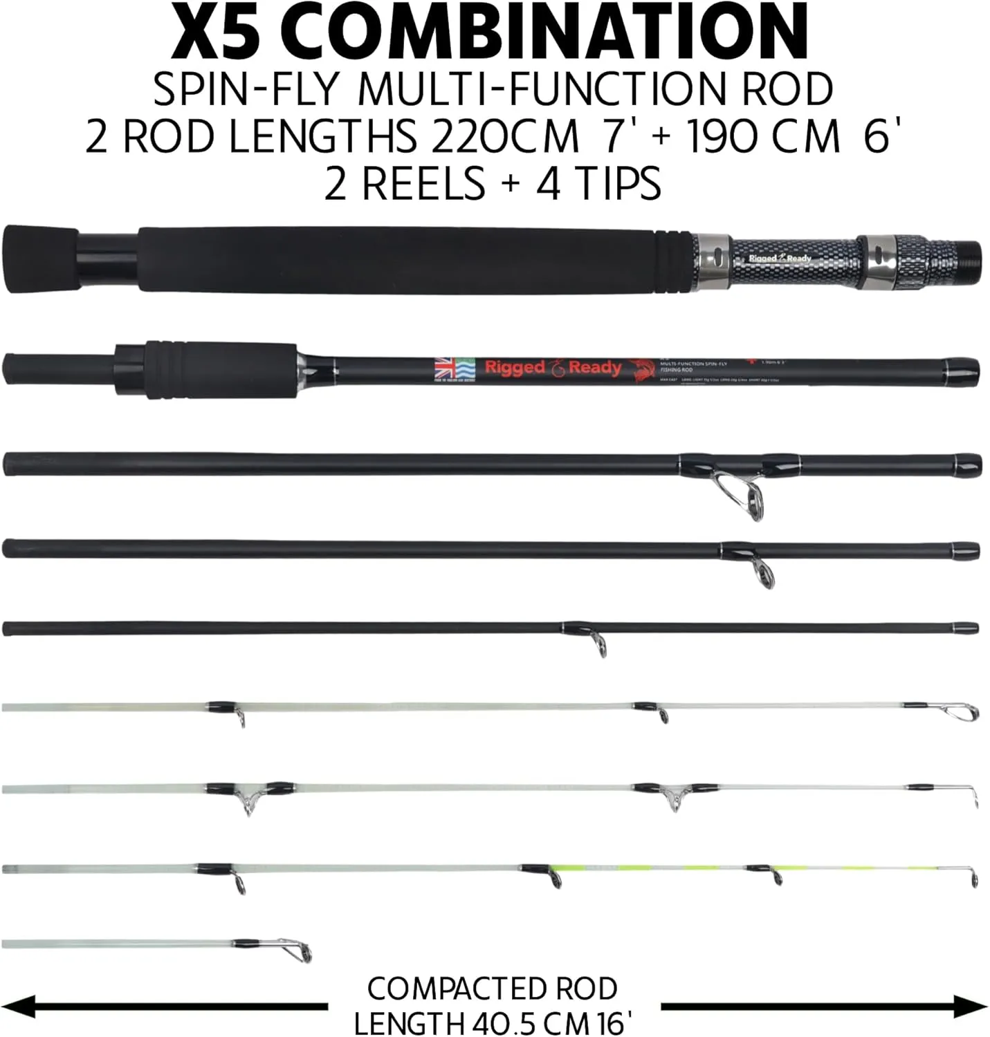 Rigged & Ready X Series Travel Fishing Rods. 6 Super Compact, Multi-Functional, Portable, Spin, Bass, Carp, Lure, Float, Fly Combos   Poles. 4 or 6 Tips & 5 to 25 Techniques Freshwater & Saltwater