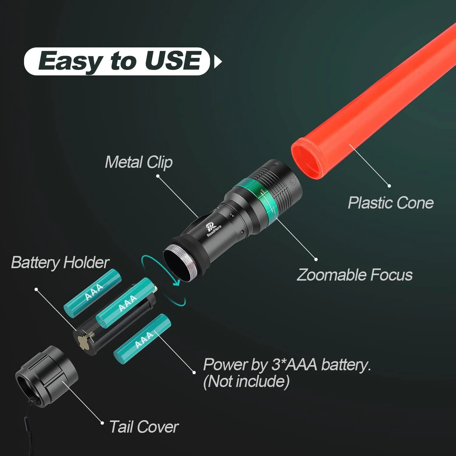 RoadHero 8 Pieces 16 Inch Traffic Wand with Strobe Modes LED Safety Signal Flashlight Wand with Wrist Strap and Side Clip for Traffic Control, Parking, Using 3 AAA Batteries, Batteries Not Included