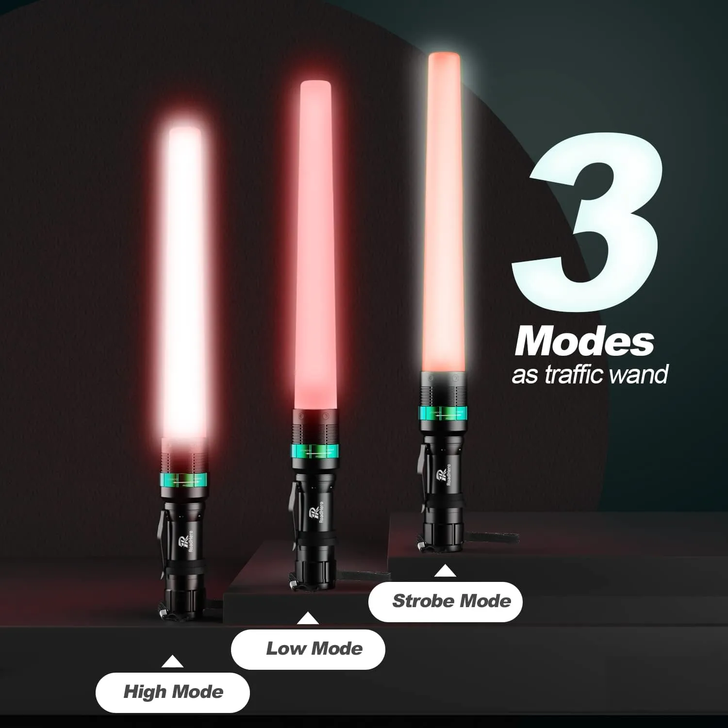 RoadHero 8 Pieces 16 Inch Traffic Wand with Strobe Modes LED Safety Signal Flashlight Wand with Wrist Strap and Side Clip for Traffic Control, Parking, Using 3 AAA Batteries, Batteries Not Included