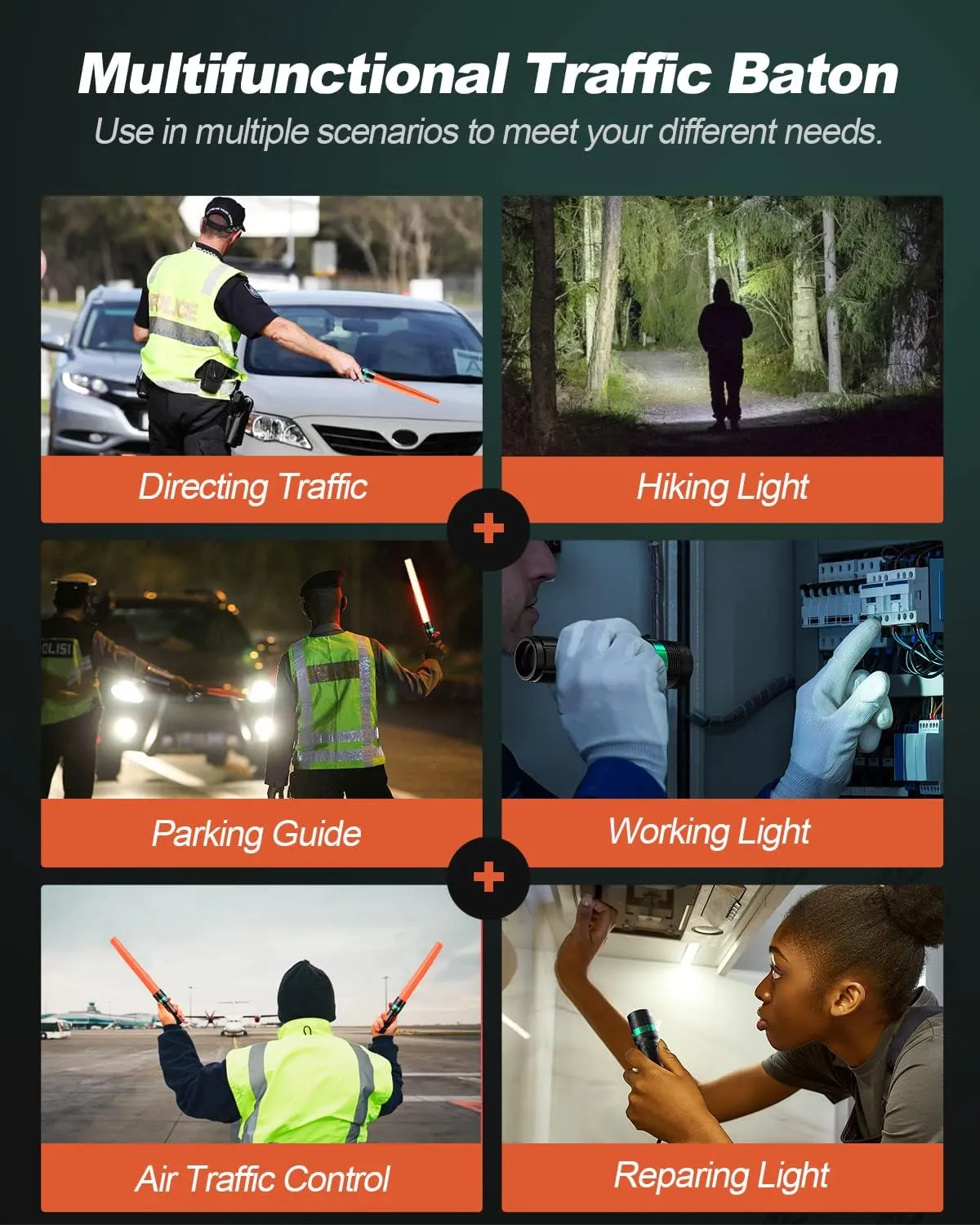 RoadHero 8 Pieces 16 Inch Traffic Wand with Strobe Modes LED Safety Signal Flashlight Wand with Wrist Strap and Side Clip for Traffic Control, Parking, Using 3 AAA Batteries, Batteries Not Included