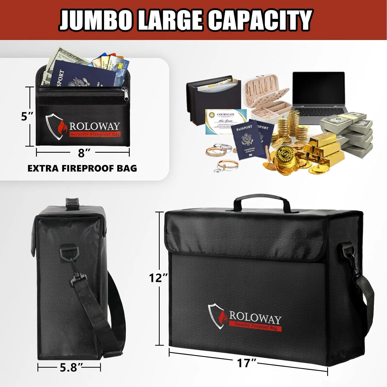 ROLOWAY Large Fireproof Bag 5200°F Heat Insulated (17 x 12 x 5.8 inches), Fireproof Document Bag with Fireproof Money Bag for Cash Safe, Fireproof Document Box, Fireproof Safe Bag for Document Safe