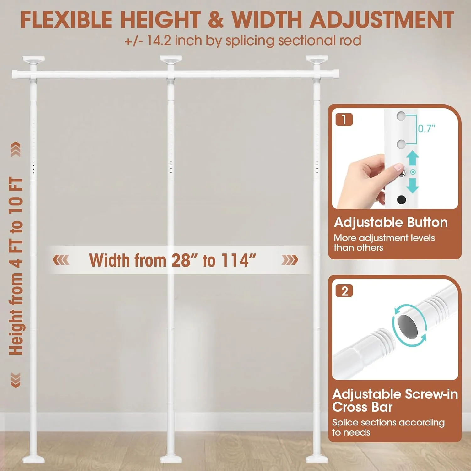 Room Divider No Drilling Curtain Rod Wall Divider for Room Separation, 4-10ft(H) 28-114inch(W) Adjustable, Heavy Duty Partition Space Separator Freestanding Tension Curtain Stand, White