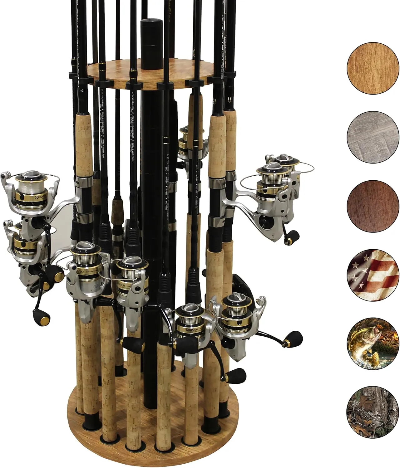 Rush Creek Creations | Round Fishing Rod Holder for 16 Freshwater Fishing Poles, Fishing Gear, and Fishing Accessories | Fishing Rod Rack with 16 Fishing Rod Clips for Garage Organization