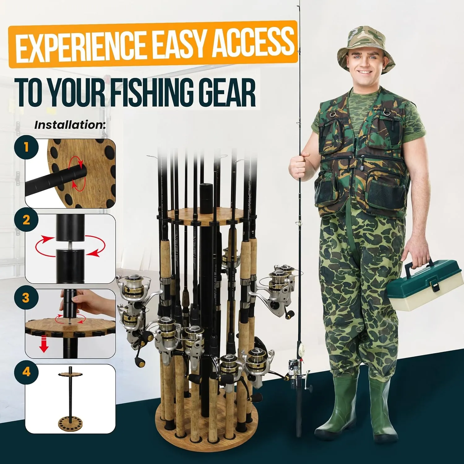 Rush Creek Creations | Round Fishing Rod Holder for 16 Freshwater Fishing Poles, Fishing Gear, and Fishing Accessories | Fishing Rod Rack with 16 Fishing Rod Clips for Garage Organization