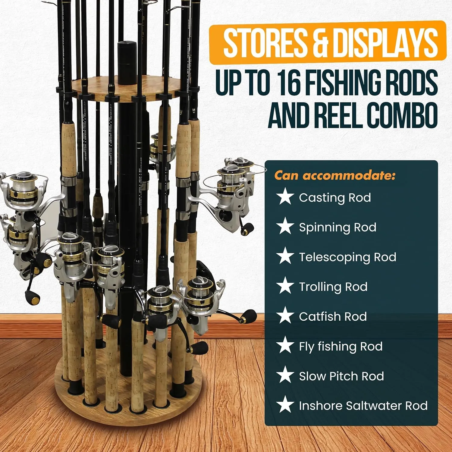 Rush Creek Creations | Round Fishing Rod Holder for 16 Freshwater Fishing Poles, Fishing Gear, and Fishing Accessories | Fishing Rod Rack with 16 Fishing Rod Clips for Garage Organization