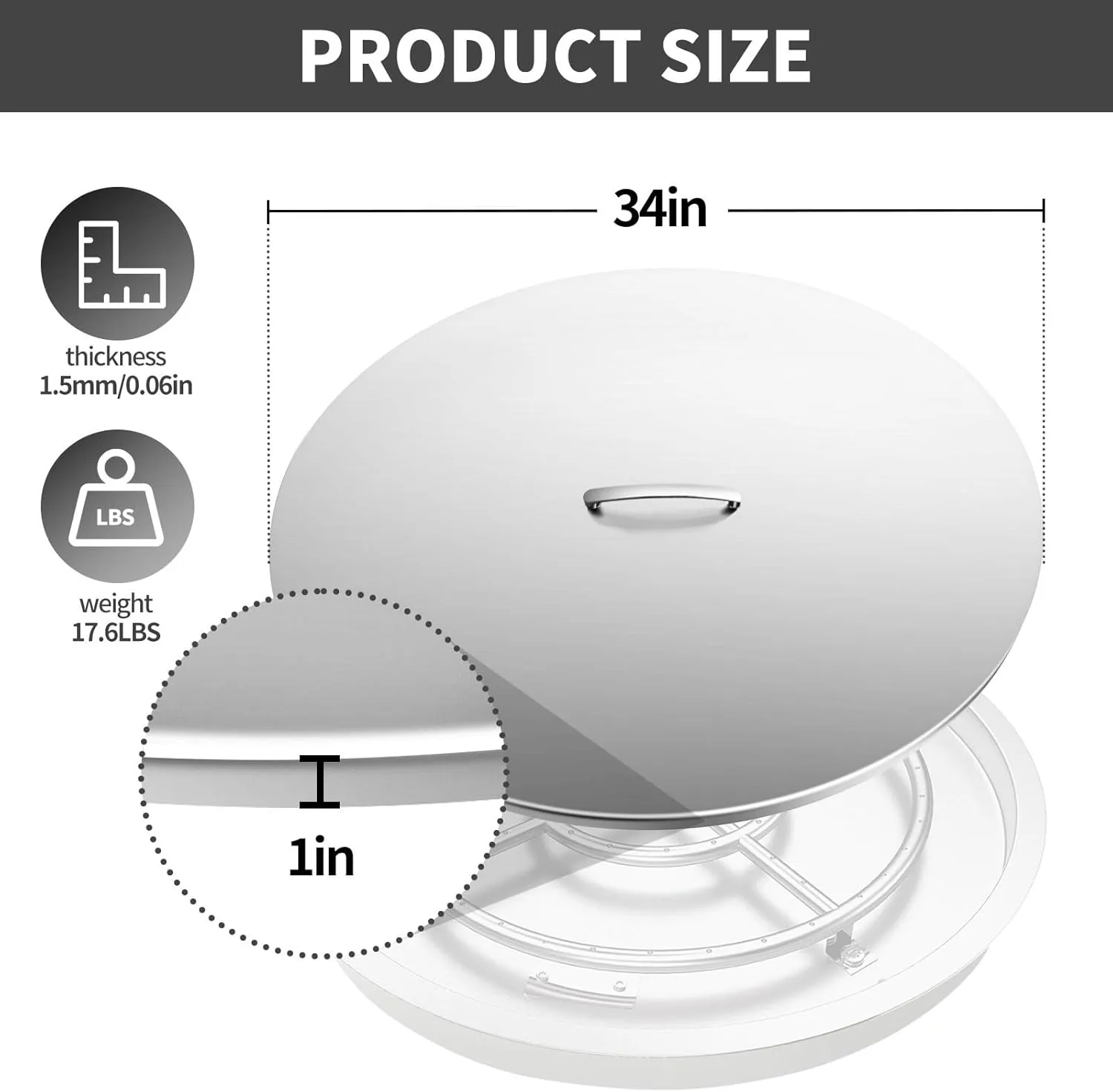 RYFT Fire Pit Lid Round, 34'' Fire Pit Lid, 304 Stainless Steel Fire Pit Cover, Fits 30" and 31" Round Drop in Fire Pit Pan