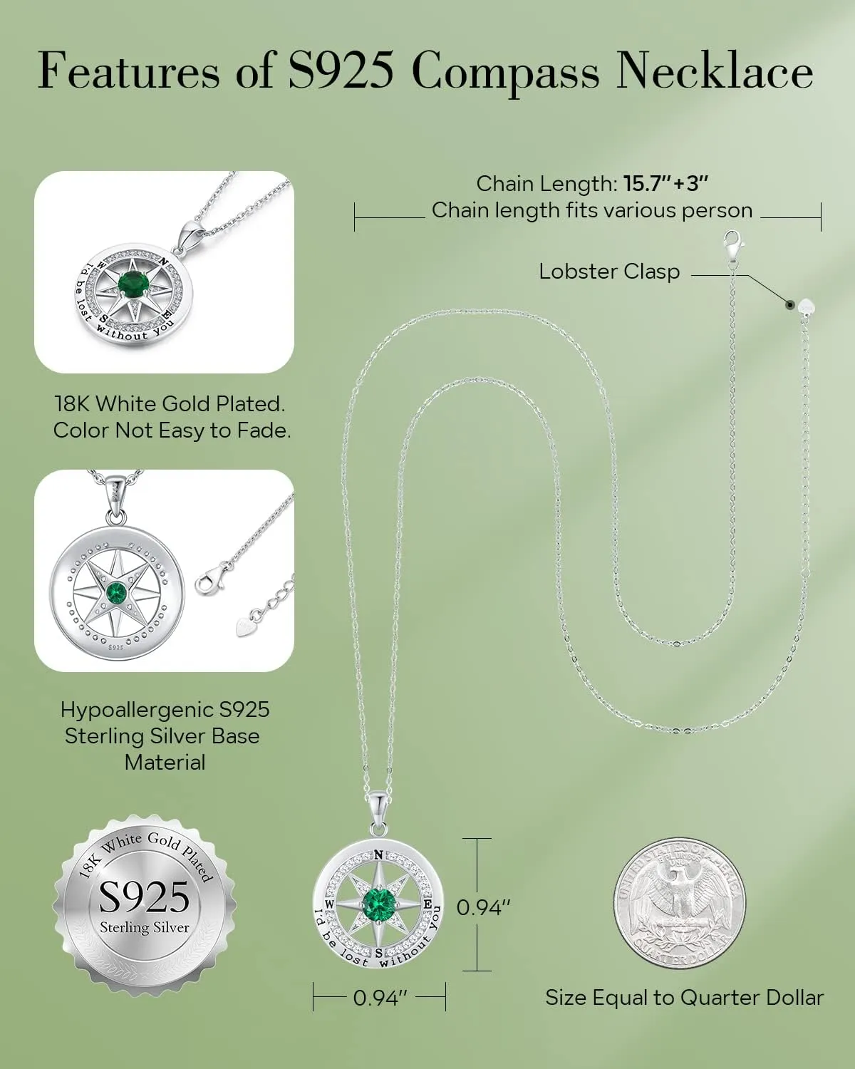 S925 Necklace Gift for Wife |Compass Jewelry |Women Anniversary |Sterling Silver |Girlfriend Birthday Gifts for Her Valentines |I'd be Lost without You |Jewel 18K Gold