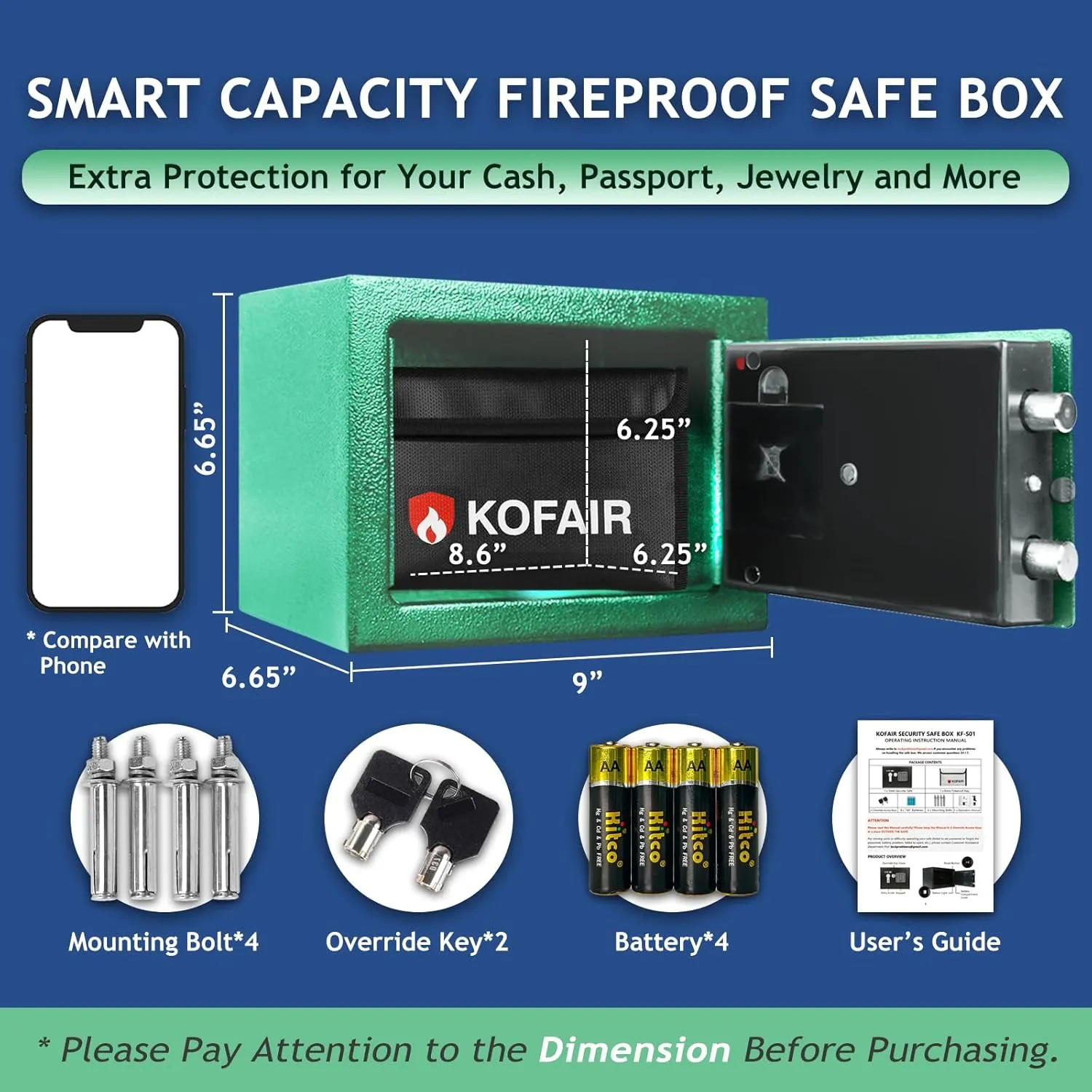 Safe with Fireproof Bag, Personal Mini Digital Money Lock Box (Green) - 0.23 Cubic Feet