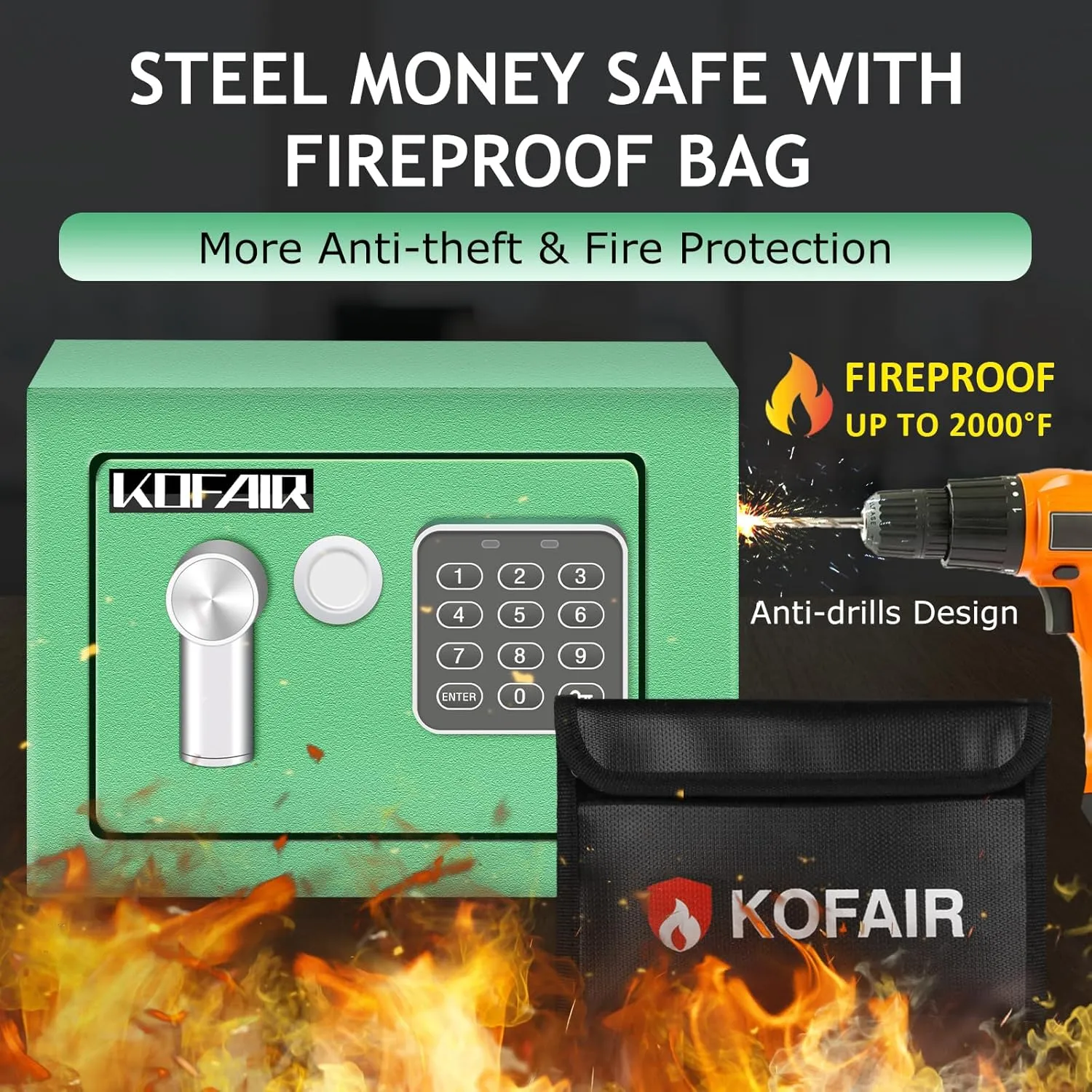 Safe with Fireproof Bag, Personal Mini Digital Money Lock Box (Green) - 0.23 Cubic Feet