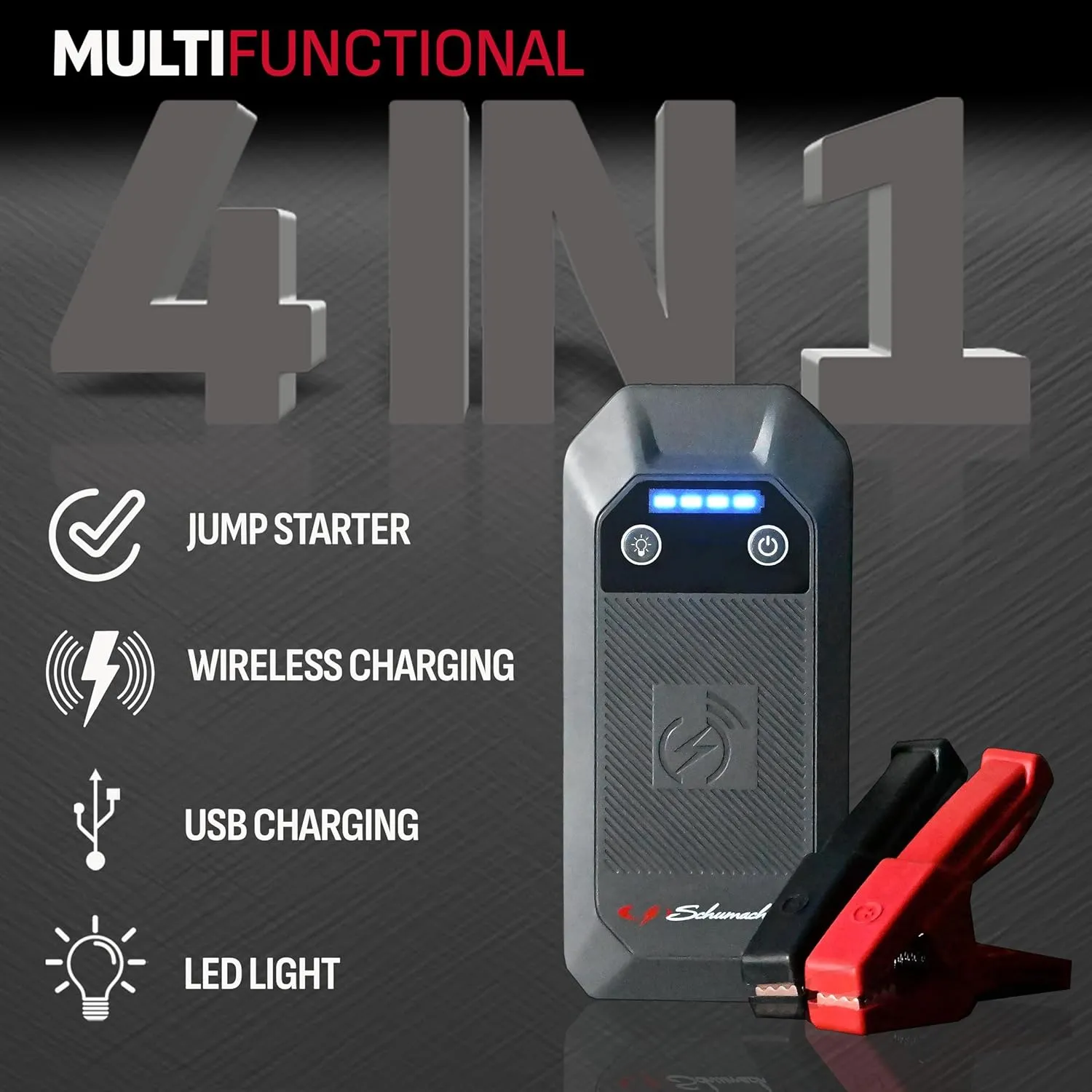 Schumacher Electric Lithium Jump Starter and Portable Power Pack SL1674, 4-in-1, 1500A, 12V, 10 Watt Wireless and 3A USB Charging- Works on Cars, Trucks, Motorcycles, Marine Batteries, SUVs, and More