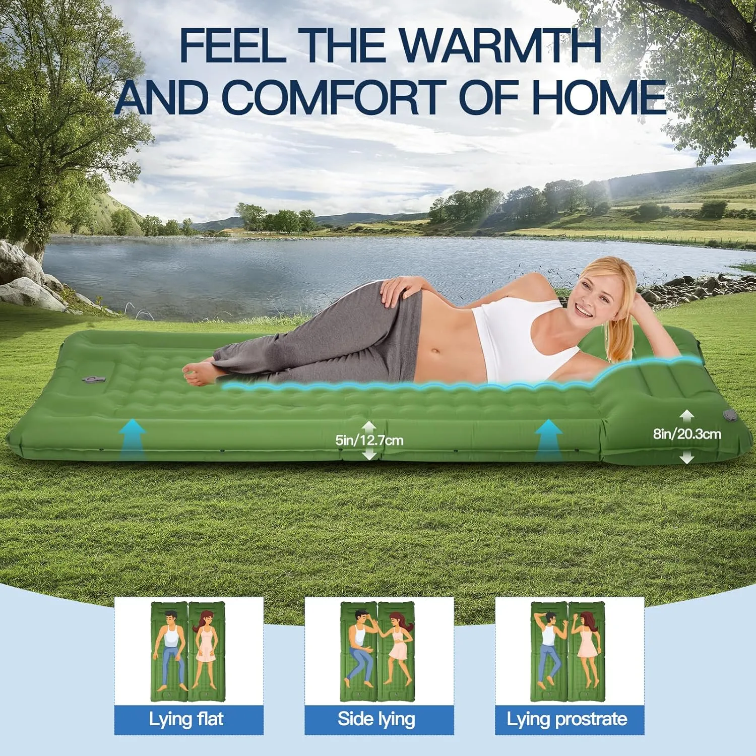 Self-Inflatable Sleeping Pad, 5" Ultra-Thick Sleeping Mattress with Pillow Built-in Foot Pump, Waterproof Camping Pad with Storage Bag, Easy Roll Up Portable Sleeping Mat for Tent,Car,Hiking
